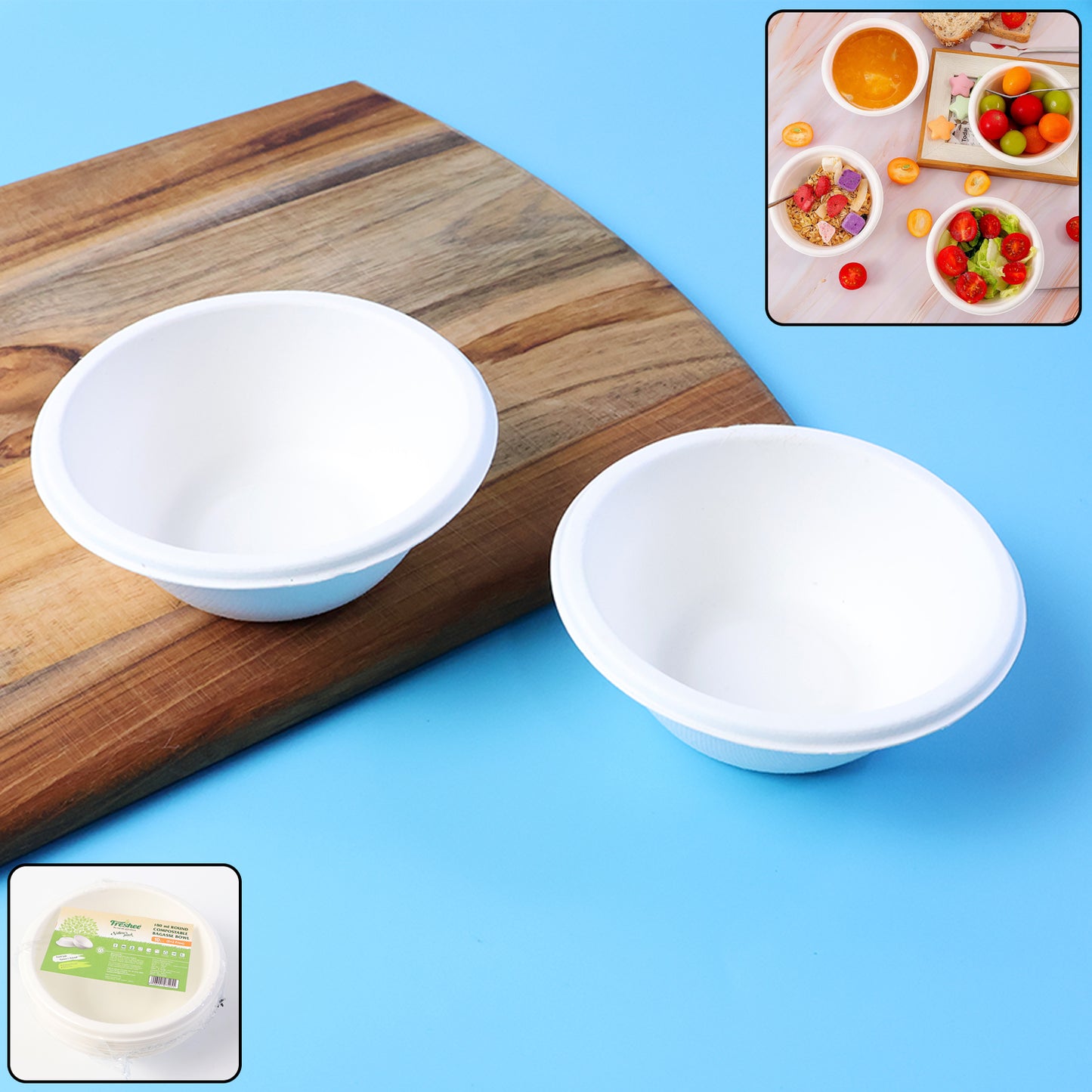180 ML Round Compostable Bagasse Bowls - Pack of 10 - Happy Price - Image 2