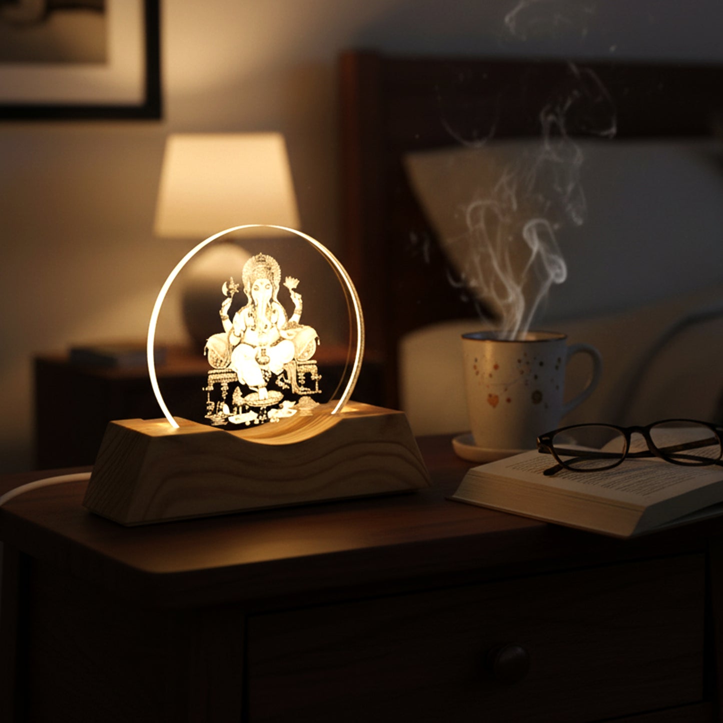 3D Ganesha Acrylic LED Night Lamp with Wooden Base - USB Powered - Happy Price - Image 3