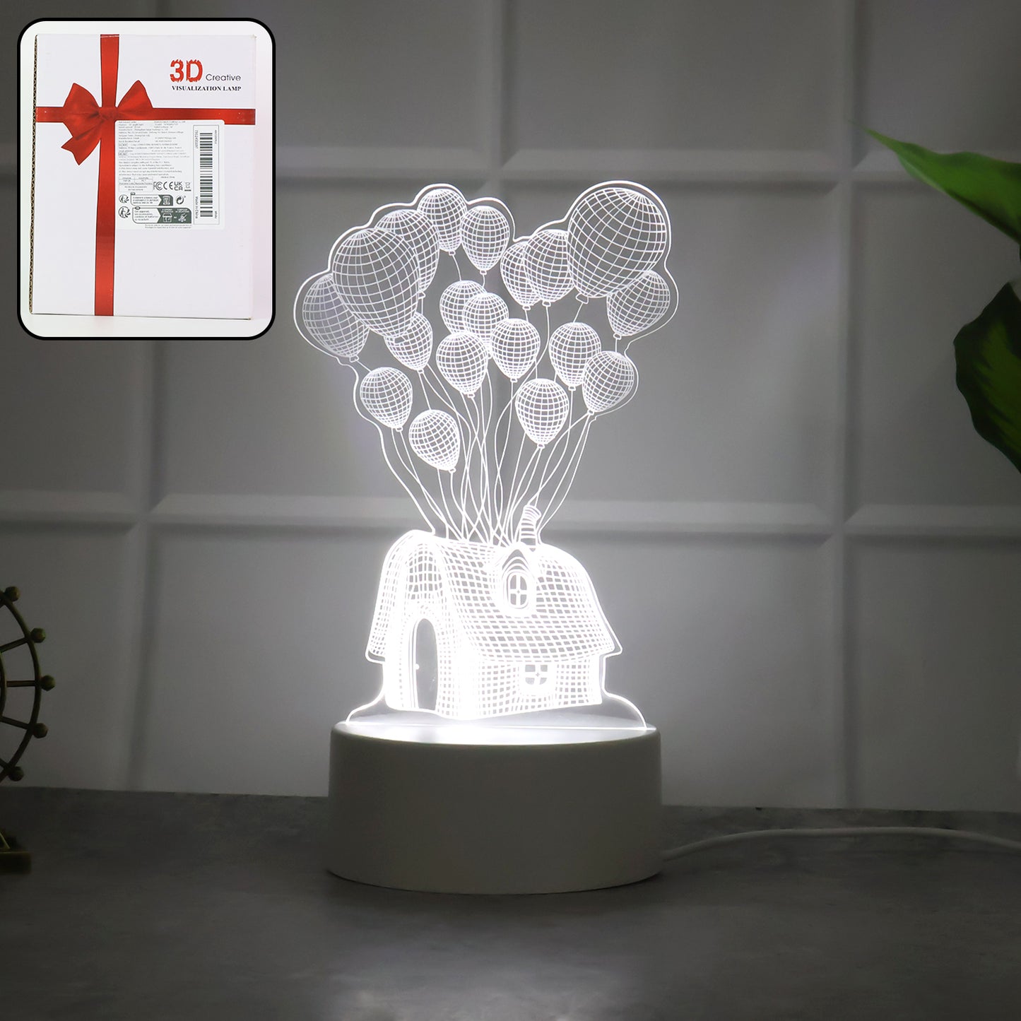 3D Illusion LED Night Lamp - House & Balloons Design, USB Powered Decorative Light - Happy Price - Image 3