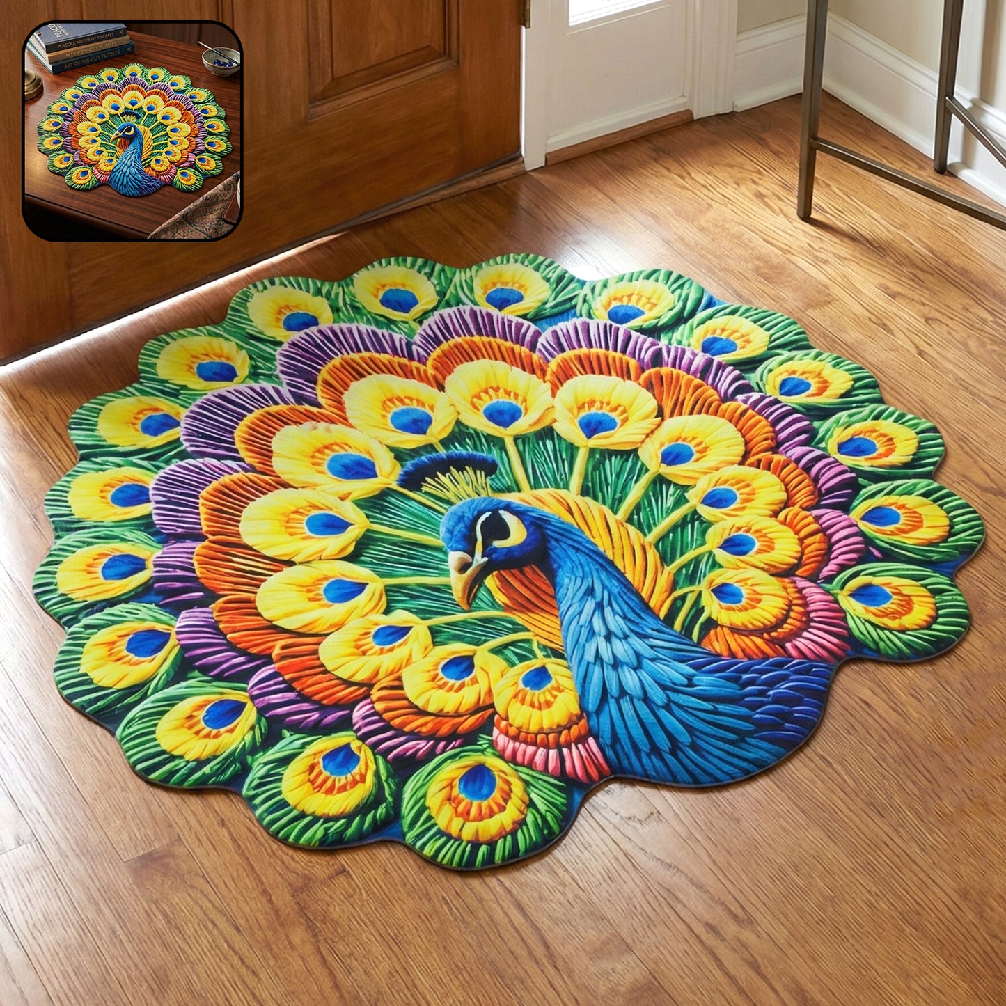 Peacock Print Round Floor Mat 1 Pc 58x58 Cm - Anti-Slip Home Decor Rug - Great Price - Image 2
