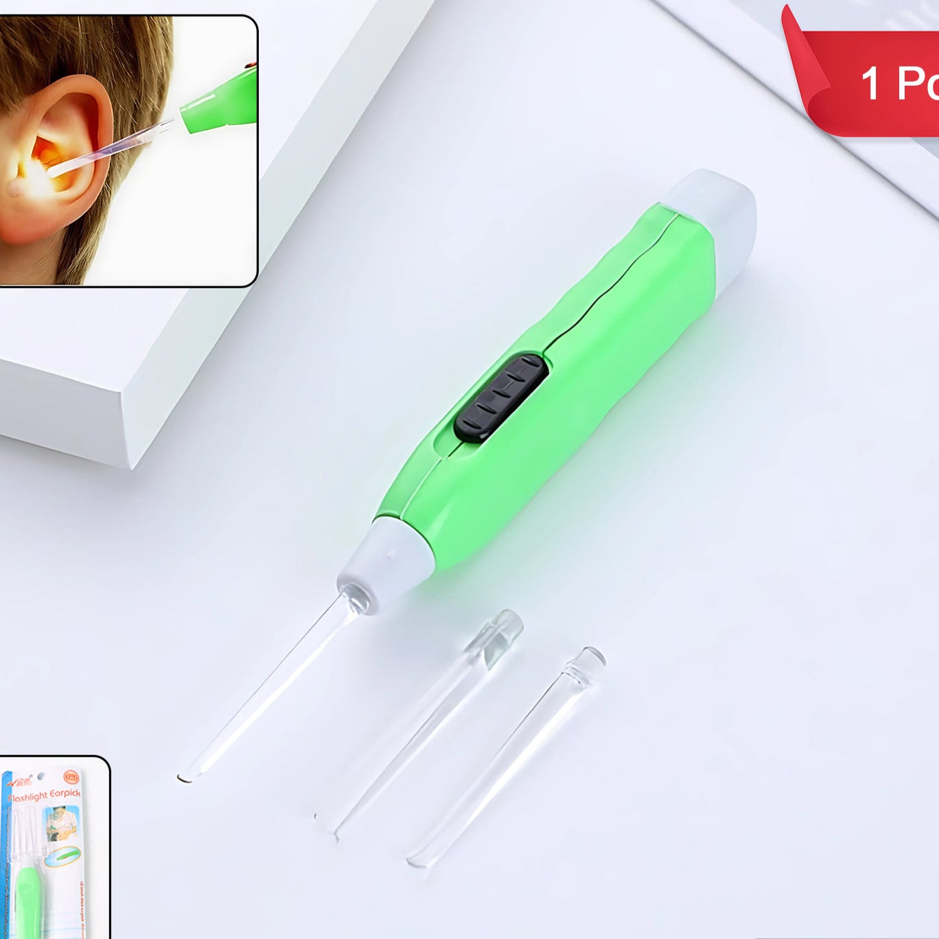 Green Led Flashlight Earpick With Tweezer (1 Pc) - Happy Price - Image 1