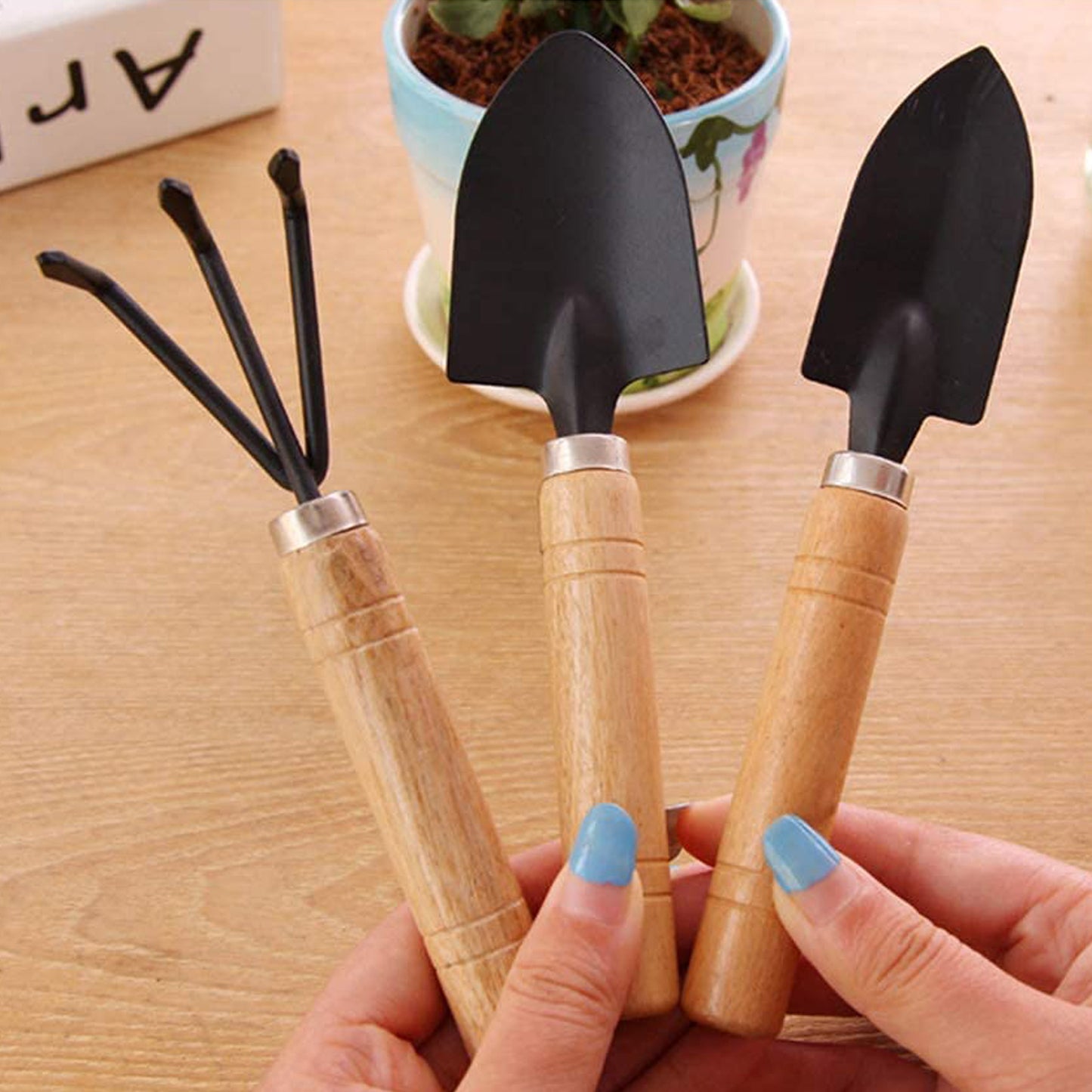 3 Piece Garden Tool Set with Wooden Handles - Trowel, Transplanter, Rake - Happy Price - Image 6