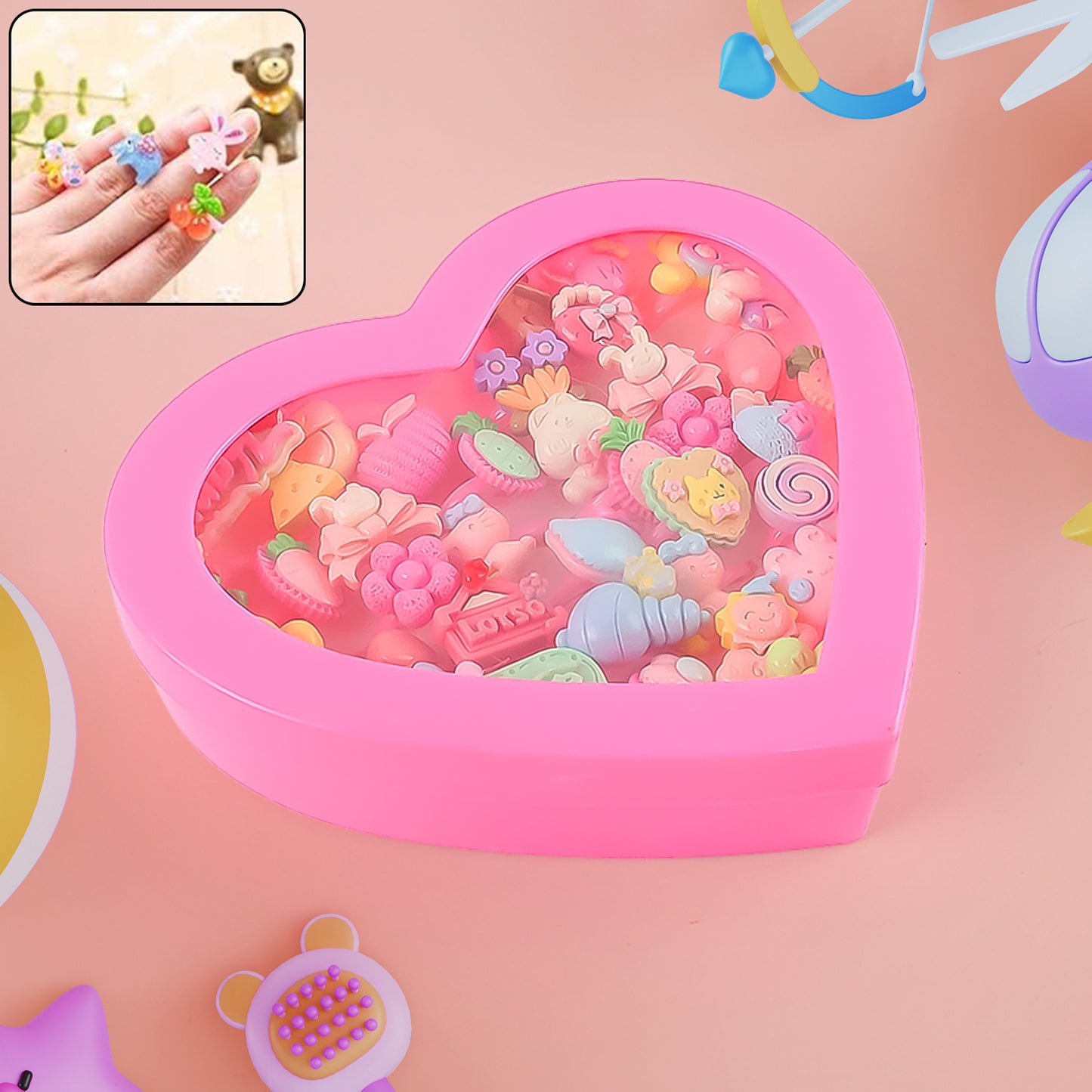 35-Piece Assorted Decorative Rings for Kids – Playful Designs in Heart-Shaped Storage Box - Happy Price - Image 2