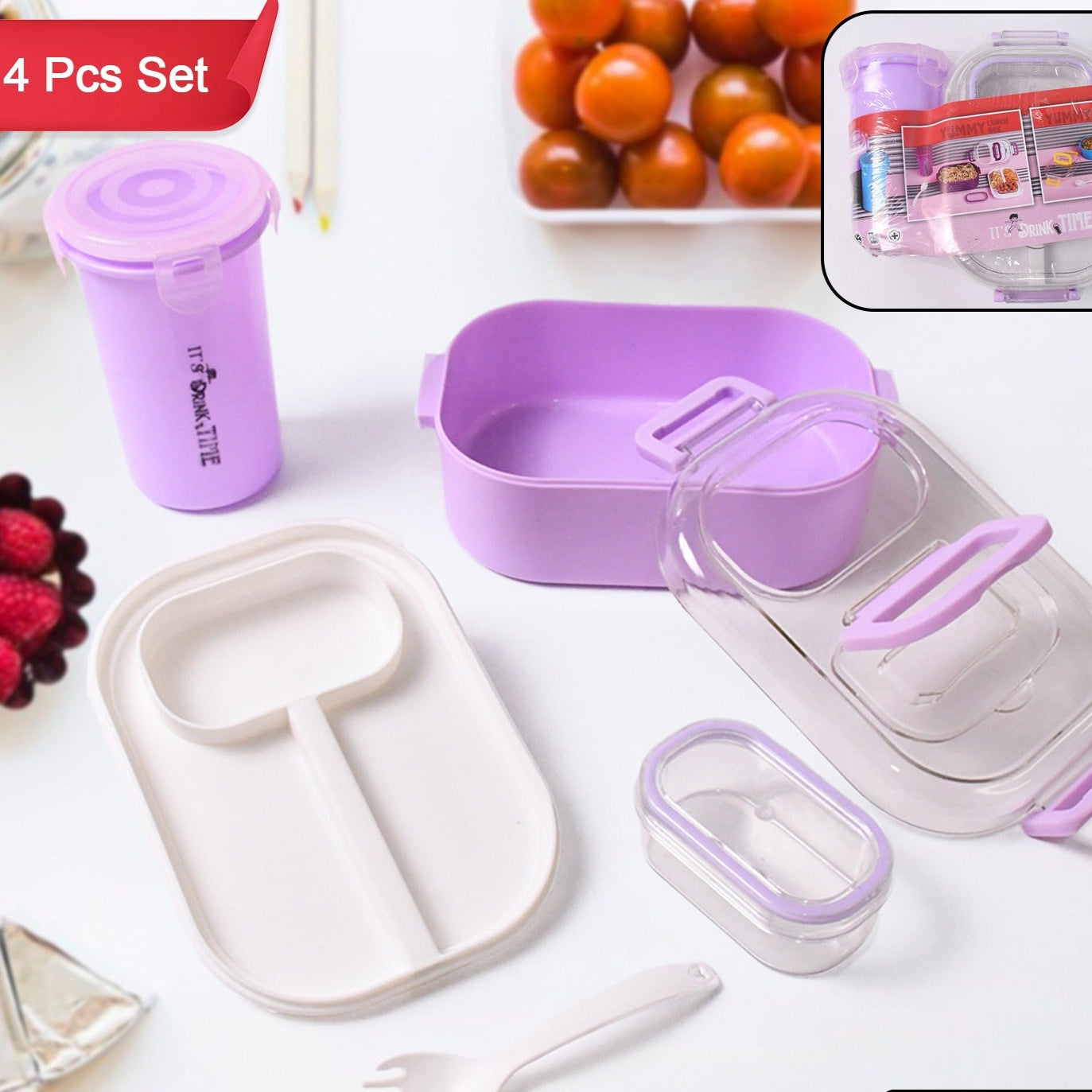 Plastic Lunch Box With Small Box Bottle Sponn For Kids Lunch Box (4 Pc Set) - Happy Price - Image 1