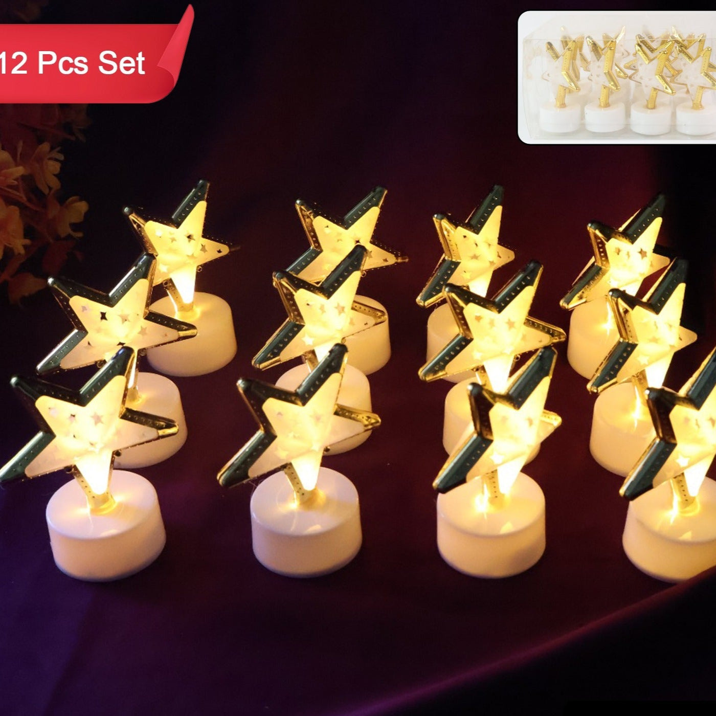 12 Pc Star Shaped Flameless LED Candles - Decorative Flickering Lights for Home & Events - Happy Price - Image 1