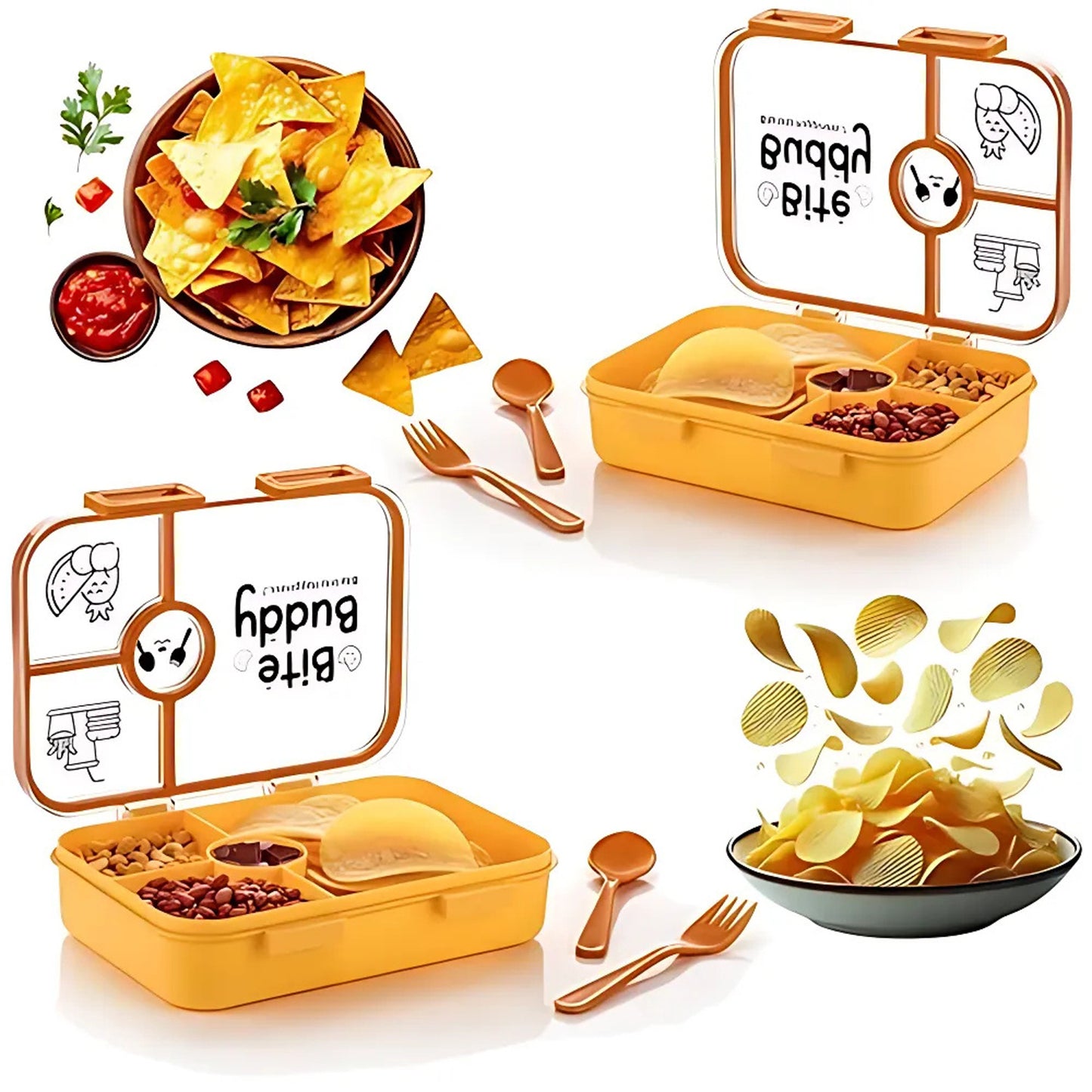 Bite Buddy 4-compartment Leak-resistant Plastic Lunch Box With Spoon Fork - Happy Price - Image 3