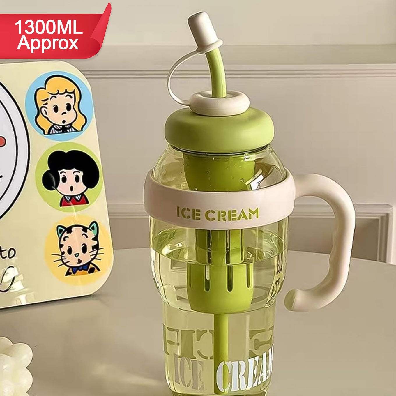 Approx 1300ml Large Capacity Cute Ice Cream Themed Water Bottle With Handle Straw Fruit Infuser Leakproof Sipper For Kids Adults - Happy Price - Image 1