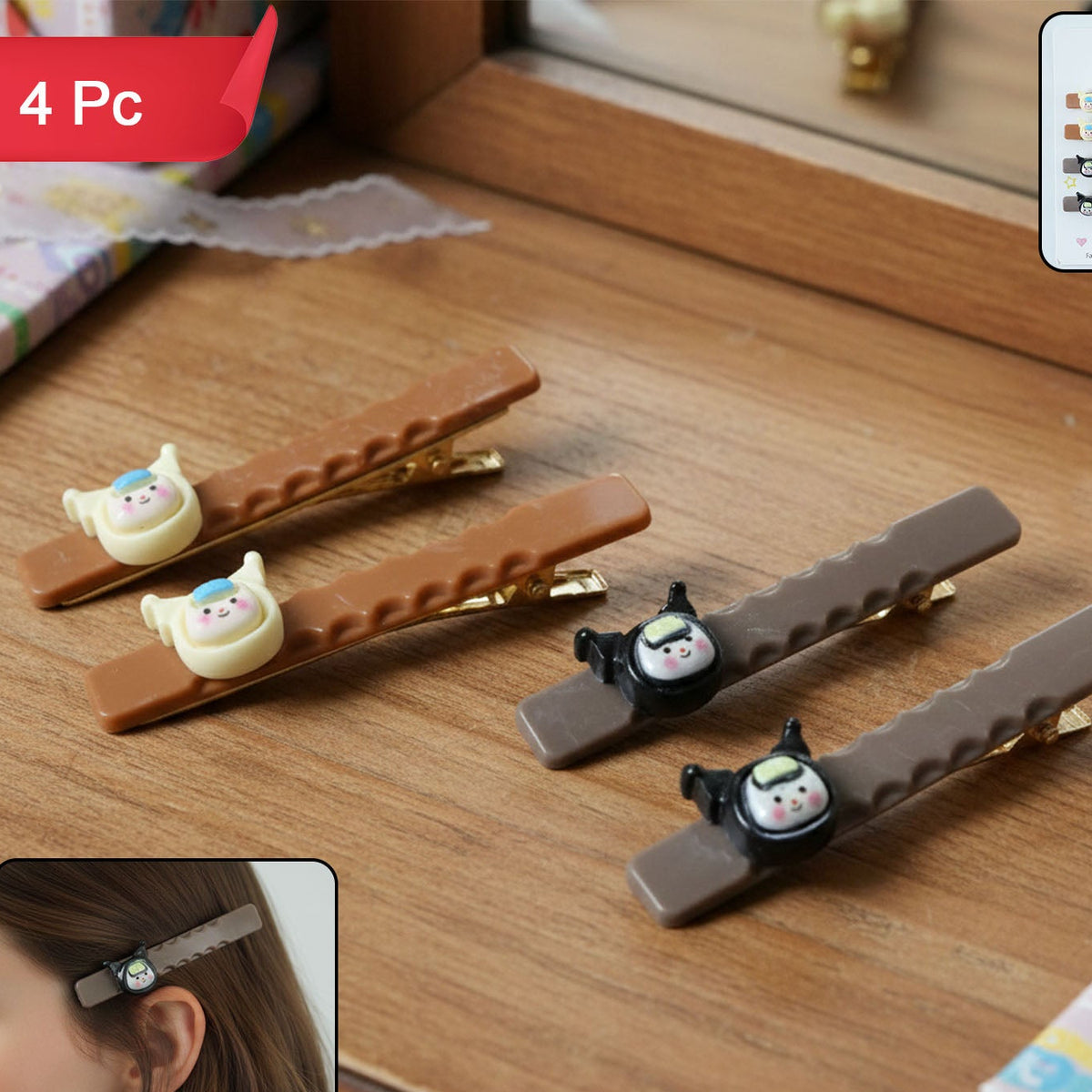 Cute Character Hair Clip Set - 4 Pc Decorative Fashion Accessories for Girls - Happy Price - Image 1