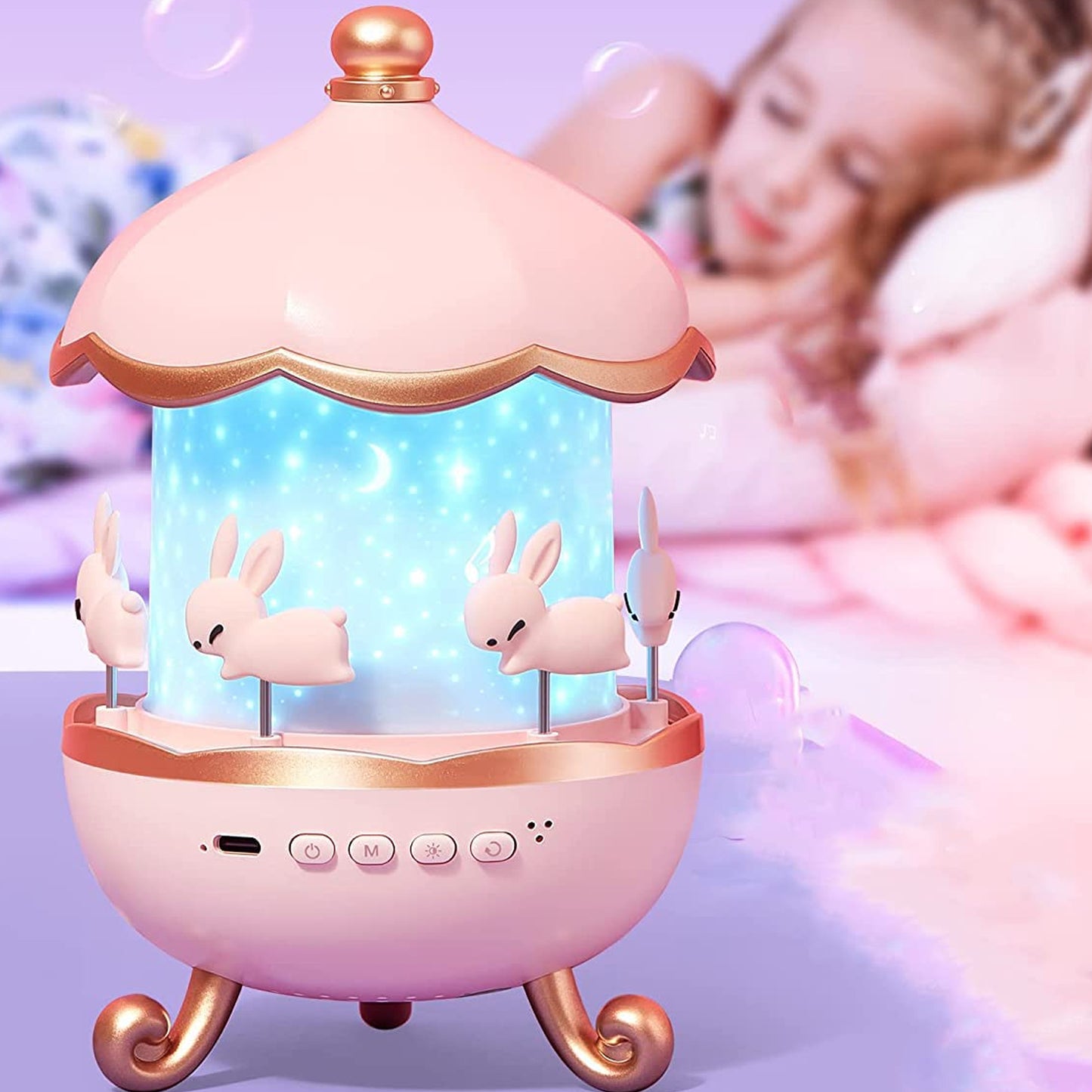 Rotating Bunny Carousel LED Star Projector Lamp with Music - Rechargeable Night Light for Kids - Happy Price - Image 3