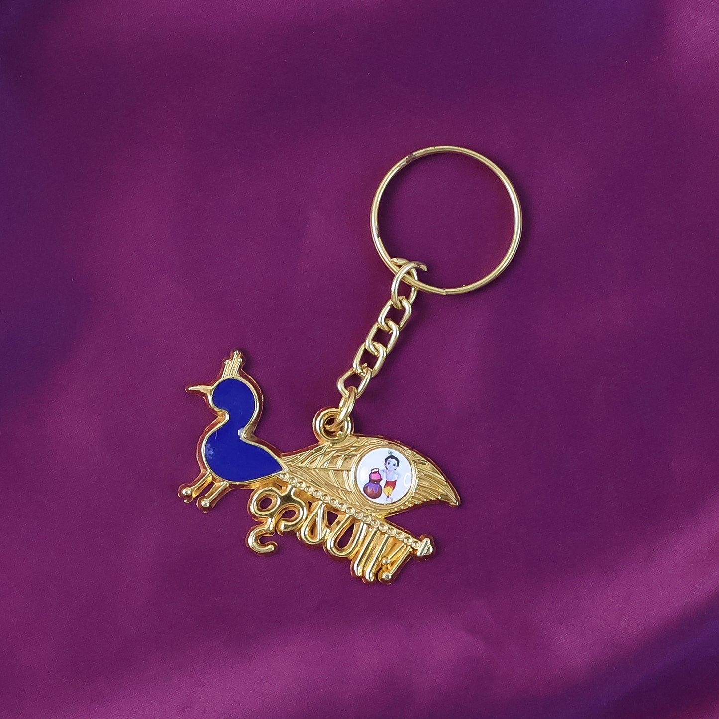Decorative Krishna Metal Keychain with Peacock Enamel Charm - Gold Tone - Happy Price - Image 4