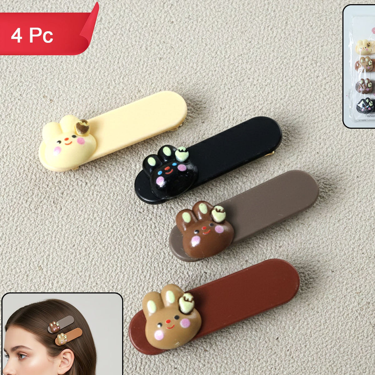 Cute Bunny Face Hair Clips Set - 4 Pc Decorative Snap Clips for Women & Girls - Happy Price - Image 1