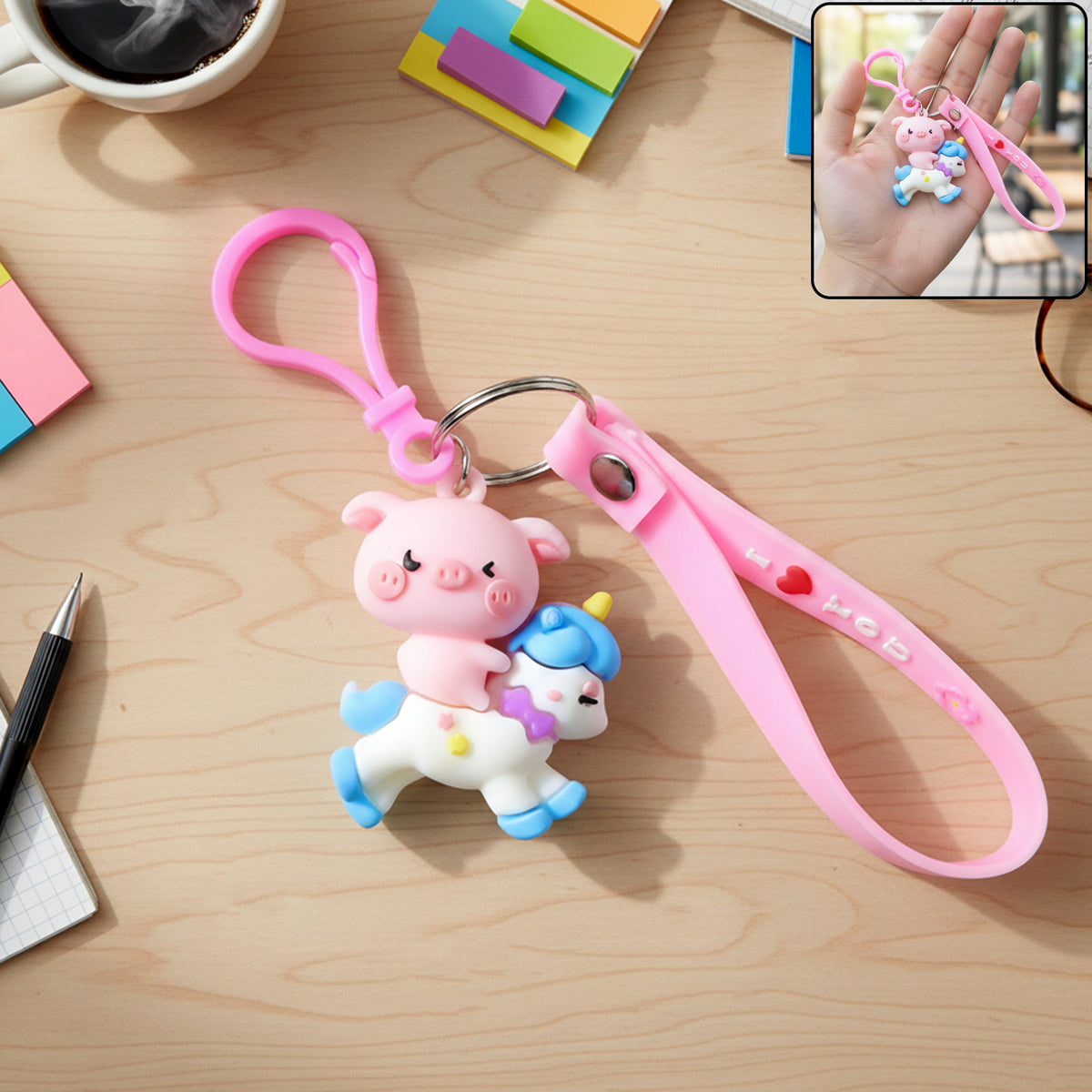 Cute Pig on Unicorn Cartoon Keychain (1 Pc) - Happy Price - Image 2