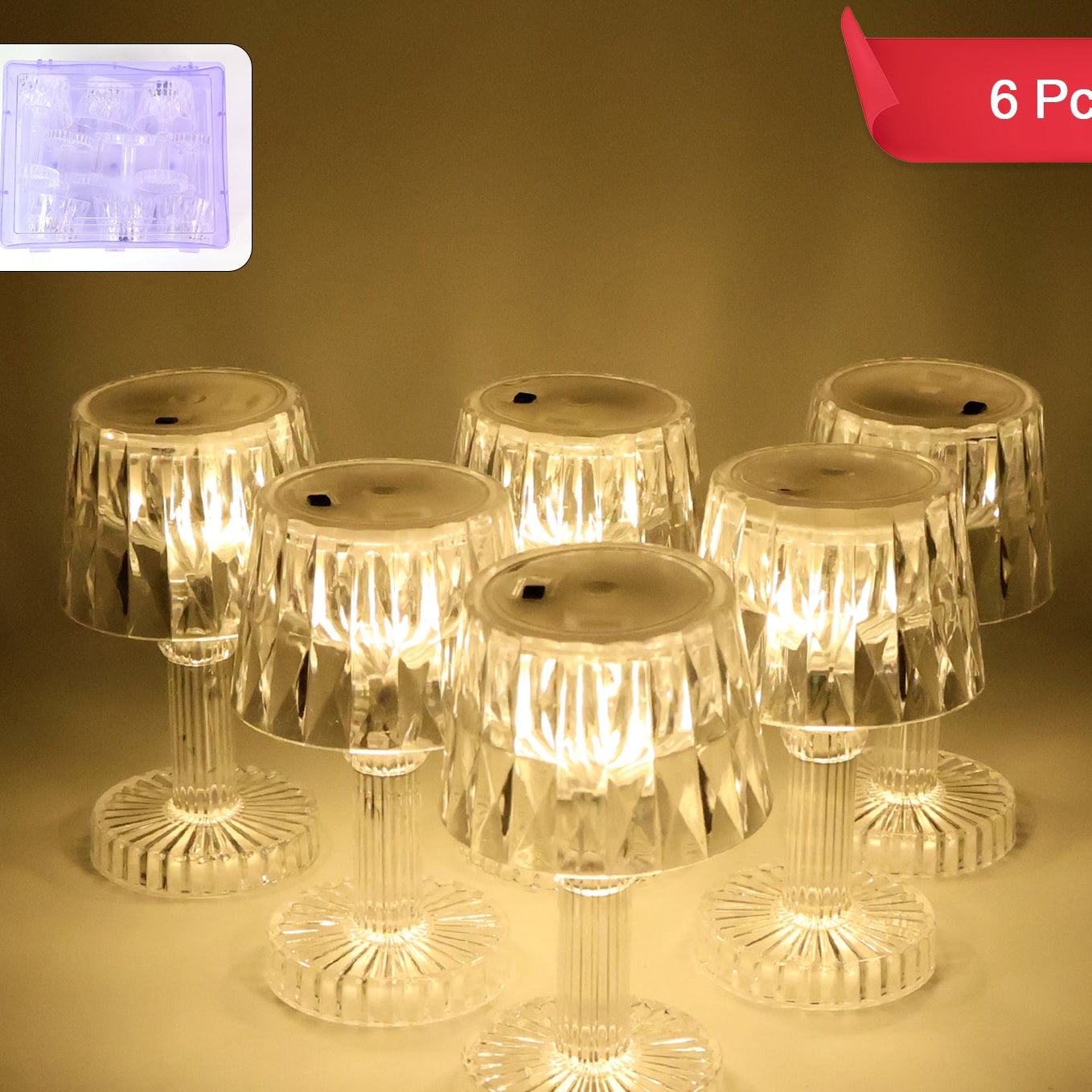 Battery Operated LED Mini Table Lamps - Set of 6, Crystal Effect - Happy Price - Image 1