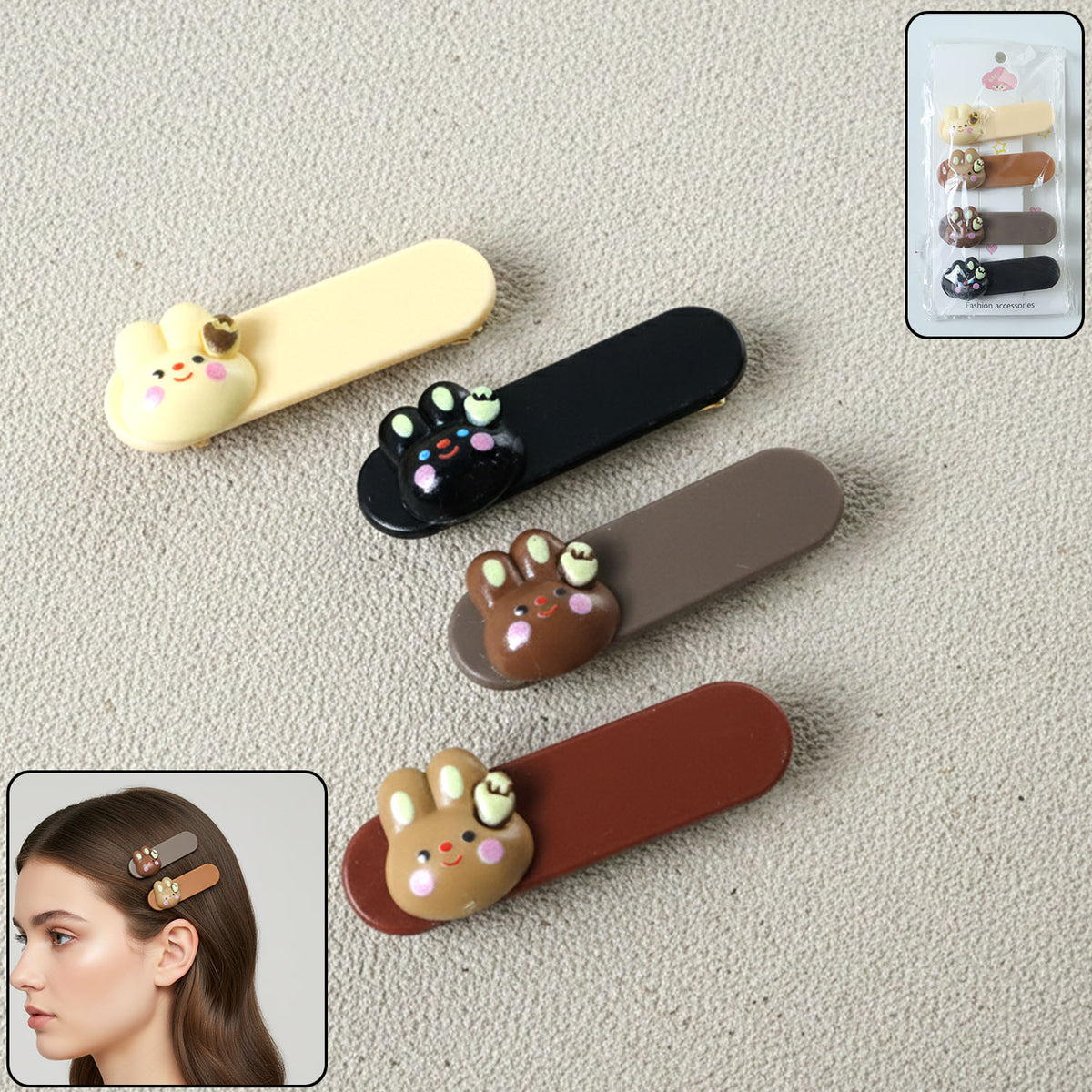 Cute Bunny Face Hair Clips Set - 4 Pc Decorative Snap Clips for Women & Girls - Happy Price - Image 2
