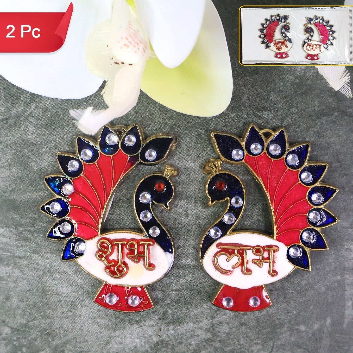 Decorative Peacock Shubh Labh Wall Hanging - 2 Pcs - Happy Price - Image 1