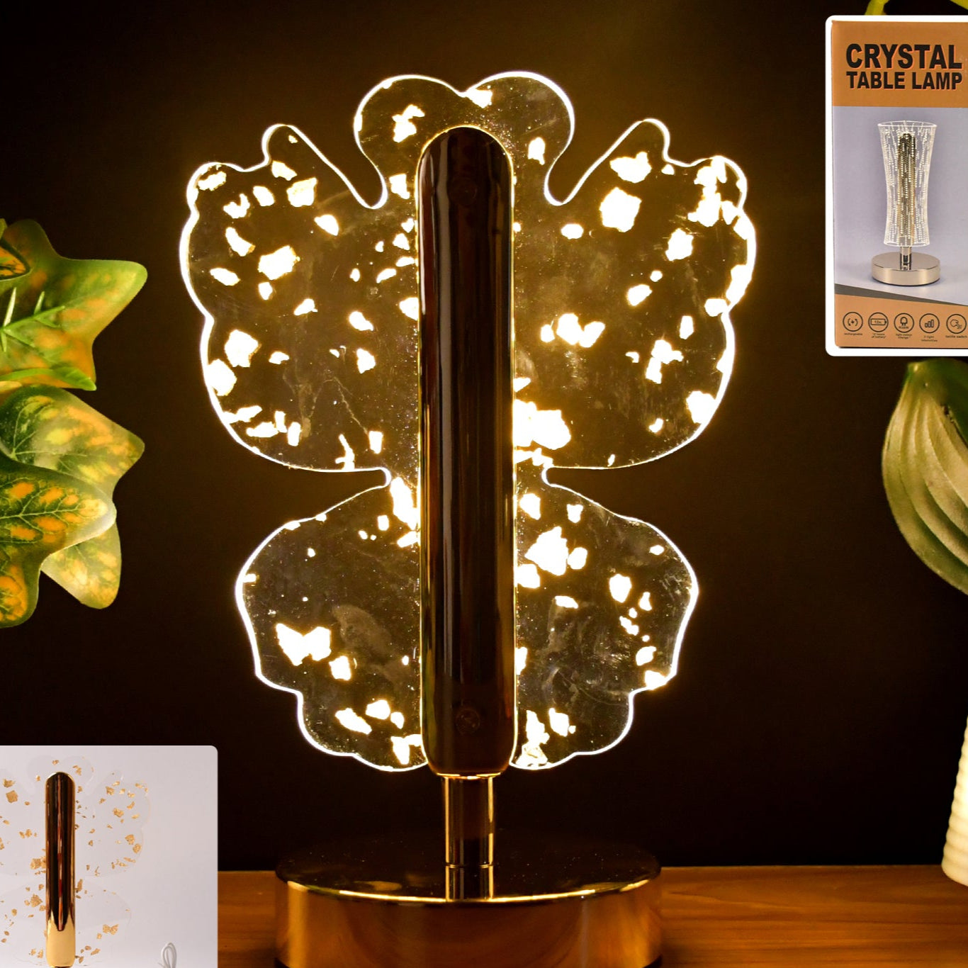 Golden Butterfly Crystal LED Table Lamp, USB Rechargeable Decorative Light (1 Pc) - Happy Price - Image 1