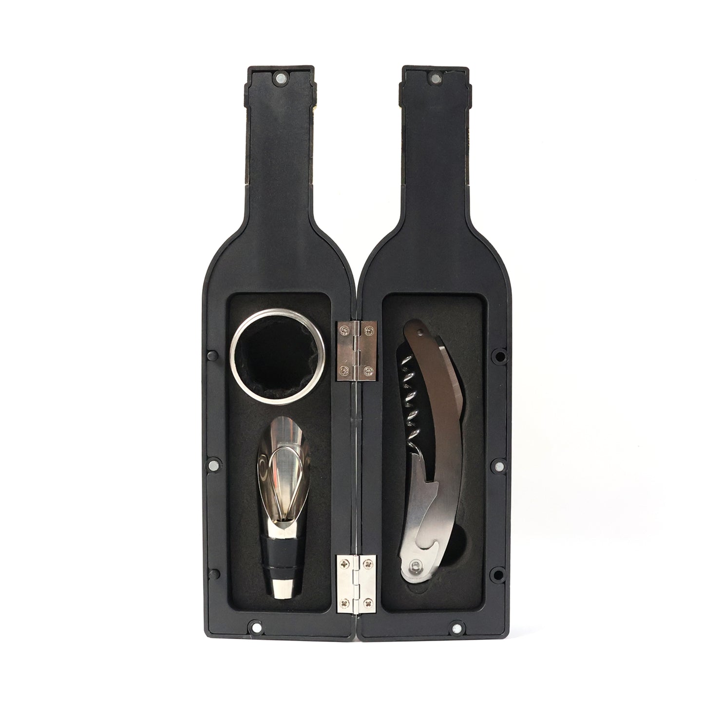 4-in-1 Wine Bar Tool Set in Wine Bottle Case - Stainless Steel Opener, Pourer, Stopper & Drip Ring - Happy Price - Image 4