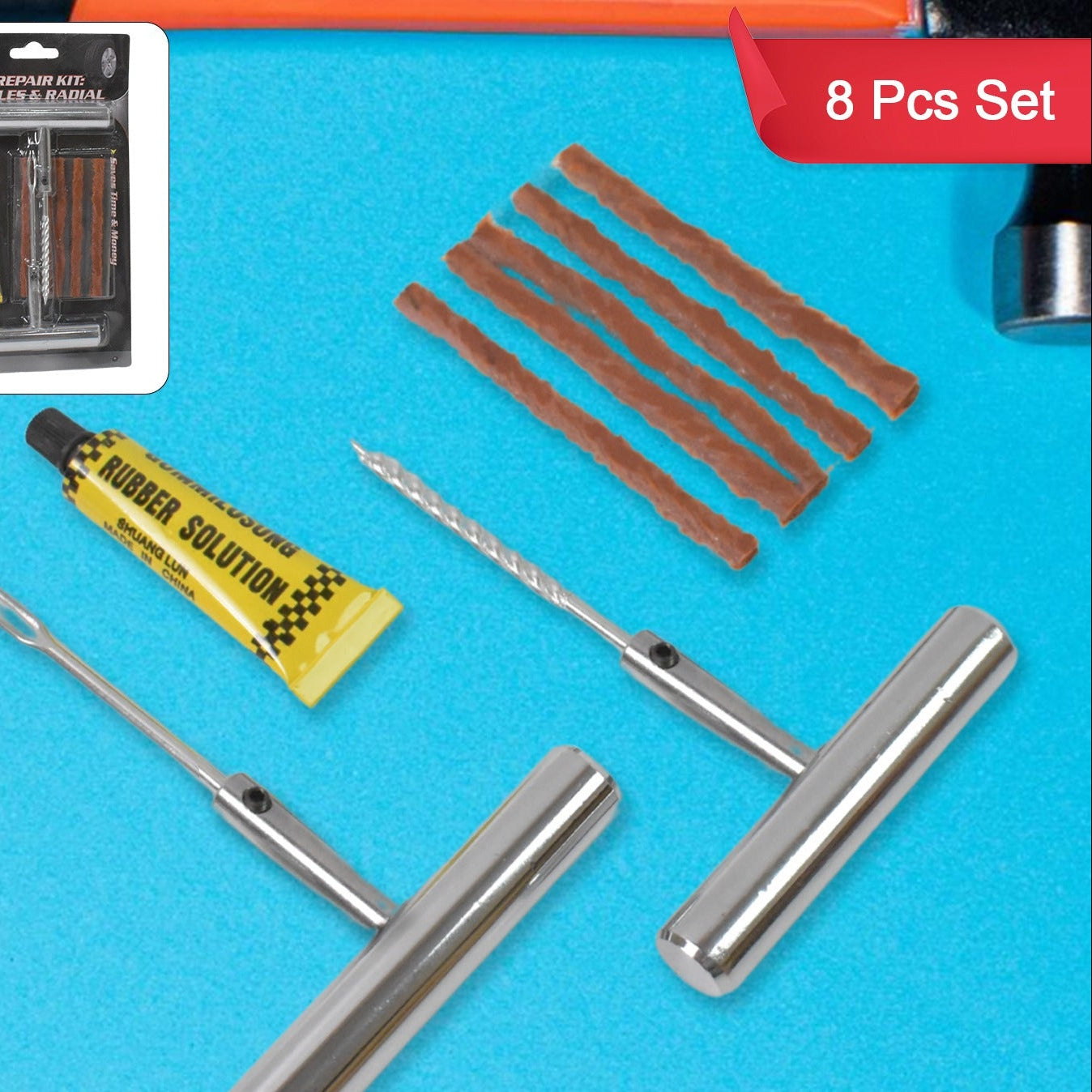 8 Pcs Tubeless Tyre Puncture Repair Kit with 5 Rubber Strips - Great Price - Image 1