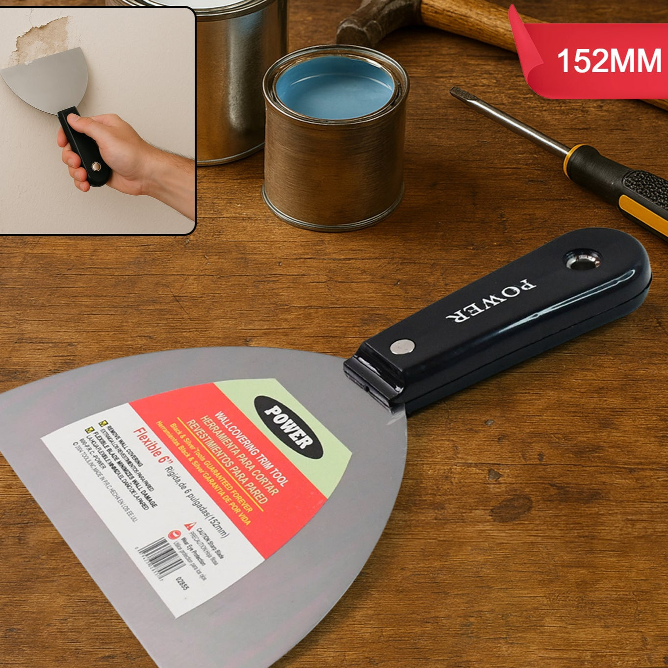 150mm Steel Blade Putty Knife with Wooden Handle for Home & DIY - Happy Price - Image 1