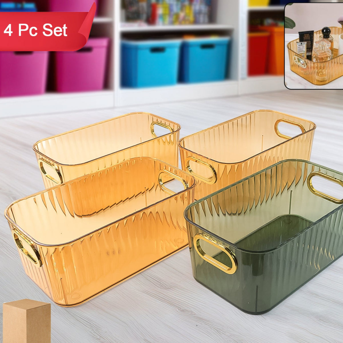 Premium Ribbed Transparent Storage Basket With Gold Handle Multipurpose Kitchen Amp Home Organizer Box (25x14cm 4 Pc) - Happy Price - Image 1