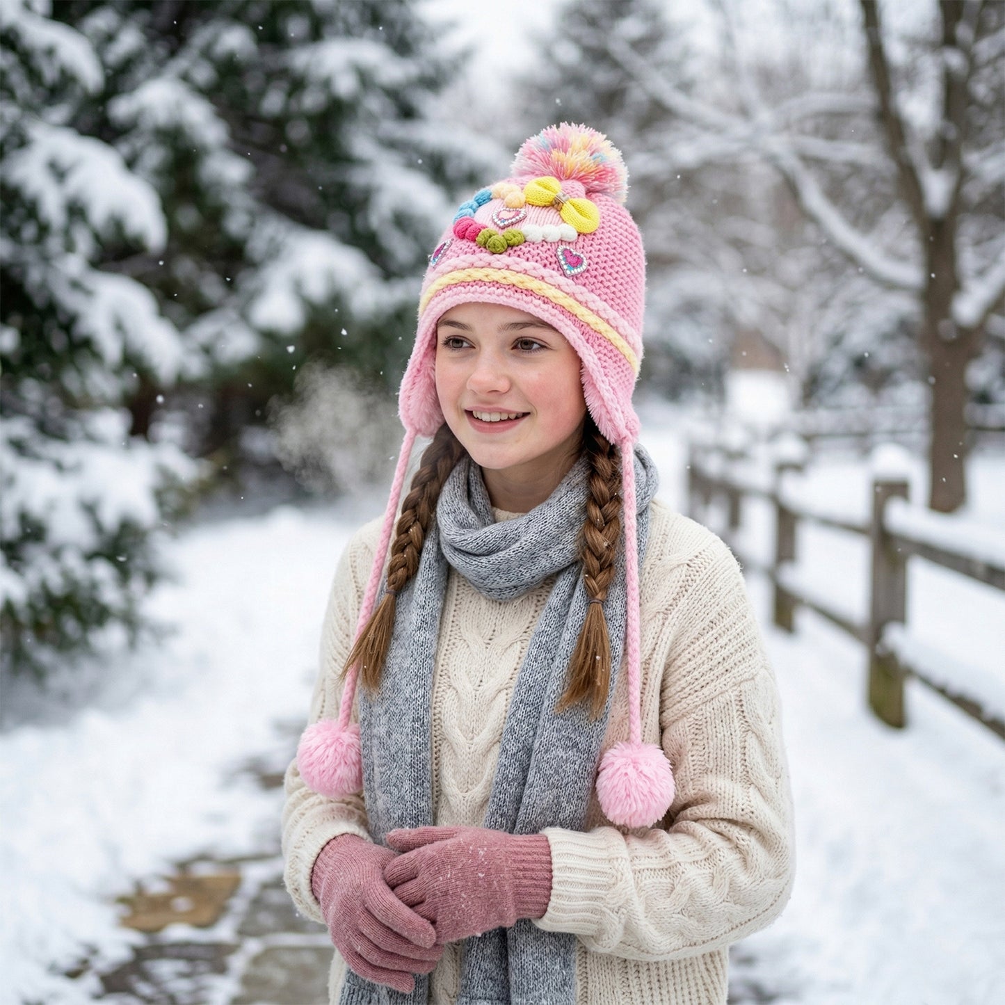 Kids Woolen Ear Flap Winter Cap with Pom Pom - 1 Pc Assorted Design - Great Price - Image 6