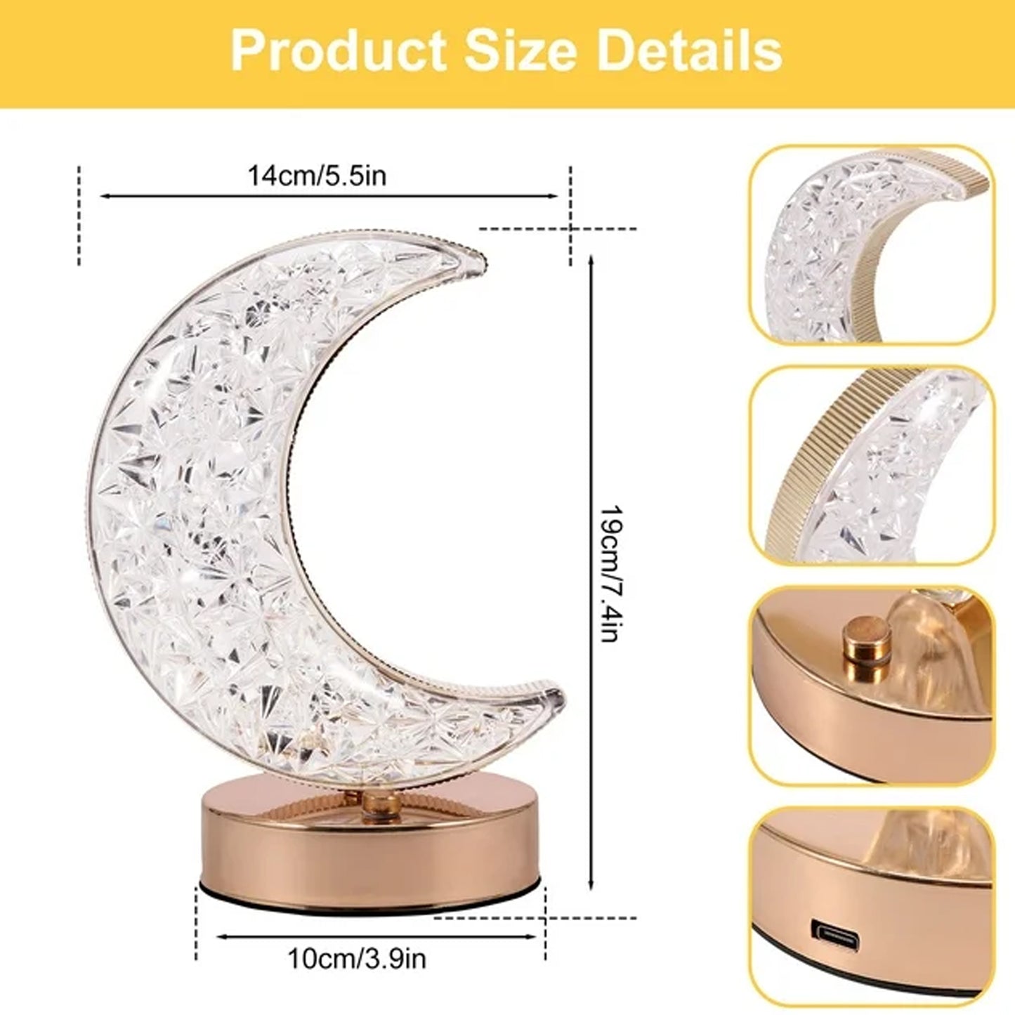 Crystal Table Lamp Moon Shape Touch Control Lamp With 3 Color Metal Bedside Lamp For Kids Bedroom Romantic Desktop Nightstand Stepless Dimming Usb Charging Touch Night Light - Happy Price - Image 4