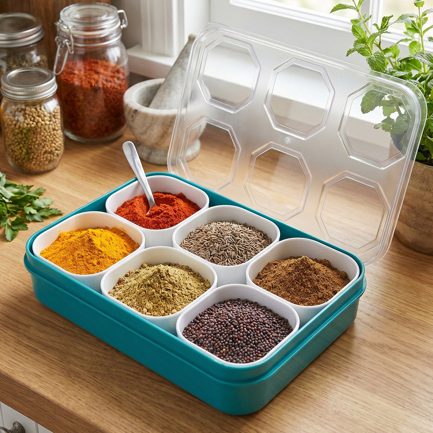6 Compartment Plastic Spice Box with Transparent Lid for Kitchen Organization - Great Price - Image 3