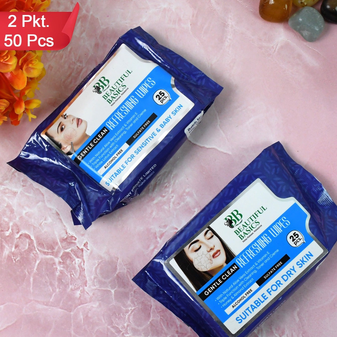 Beautiful Basics Dry Sensitive Skin Face Wipes (2 Pkts X 50 Pcs Wipes) - Happy Price - Image 1