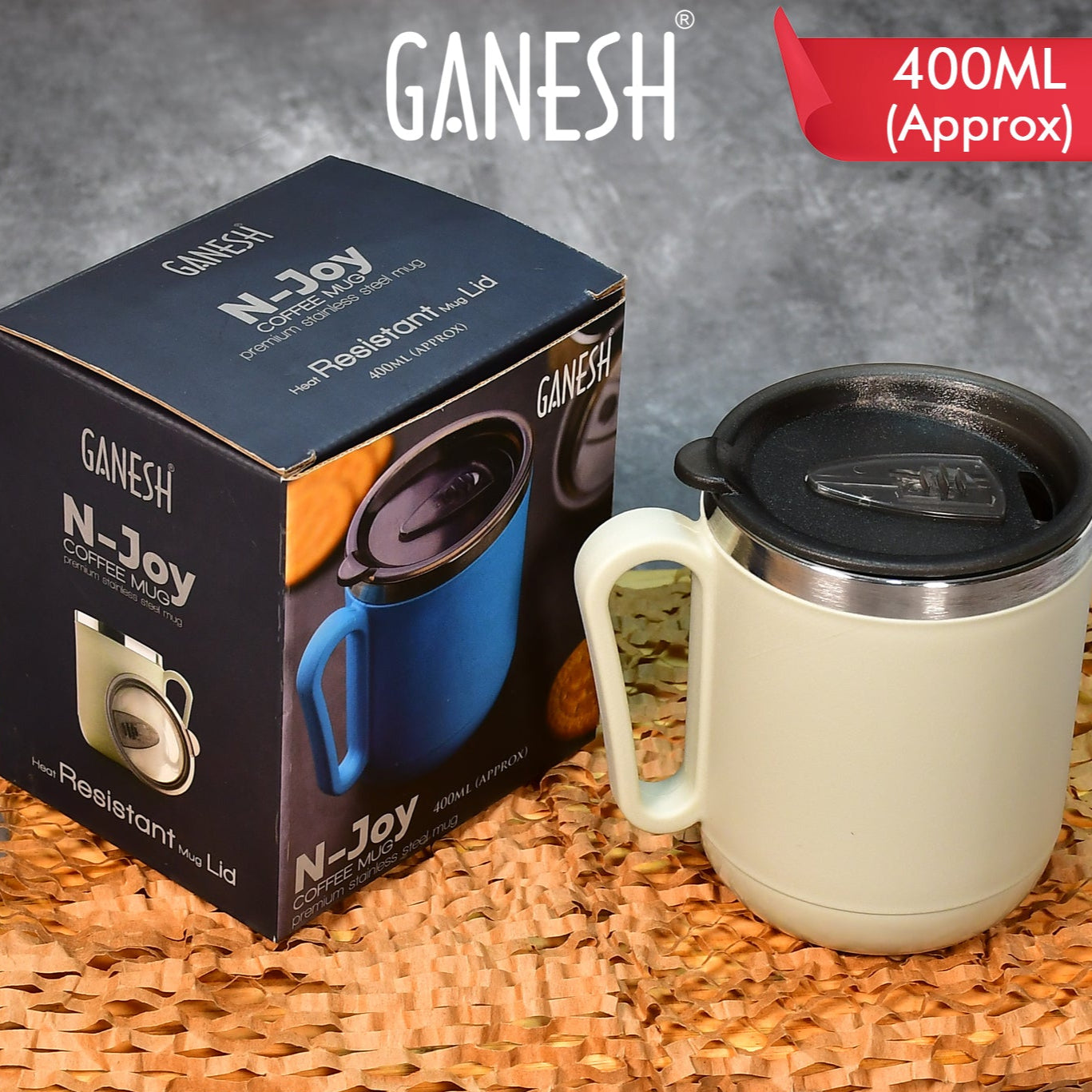 Ganesh Premium Stainless Steel Coffee Mug With Heat Resistant Mug Lid. Approx 400ml Mug. - Happy Price - Image 1