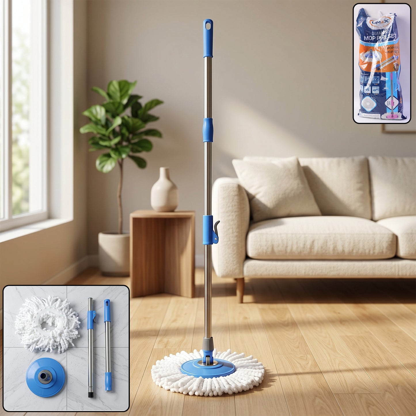 360 Degree Spin Mop Set with Adjustable Stainless Steel Handle and Microfiber Head - Great Price - Image 2