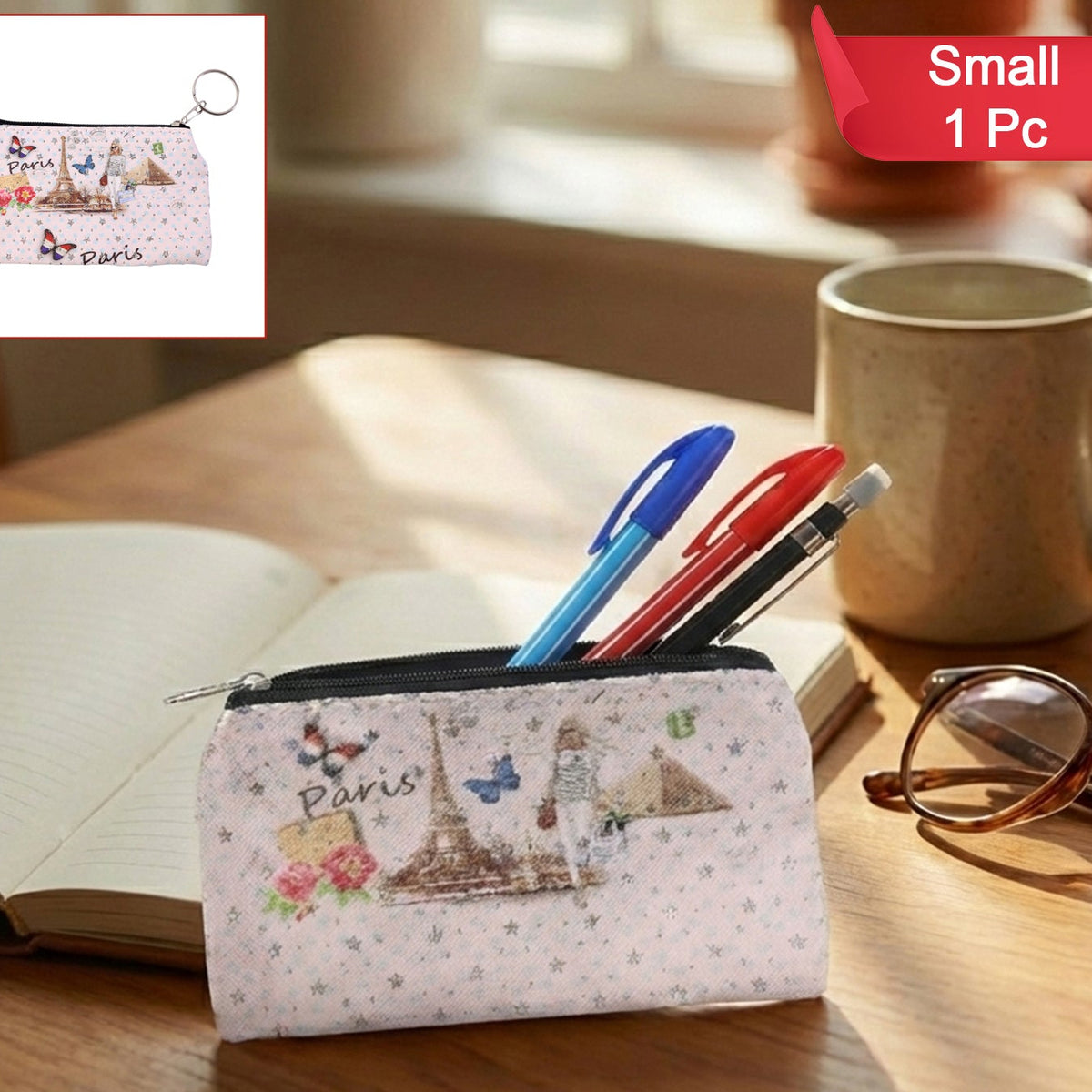 Small Paris Print Zipper Pouch with Key Ring - 1 Pc - Happy Price - Image 1
