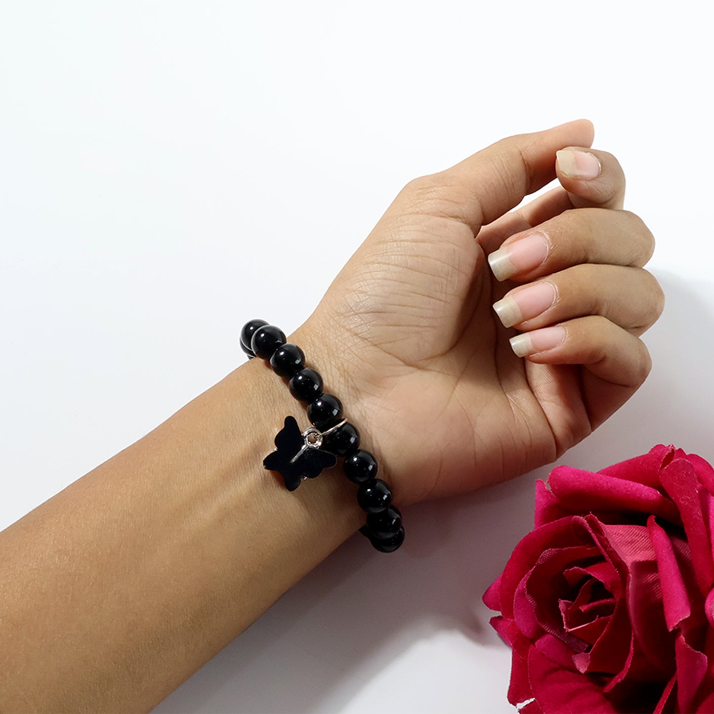 Black Beaded Bracelet with Butterfly Charm - 1 Pc - Happy Price - Image 2