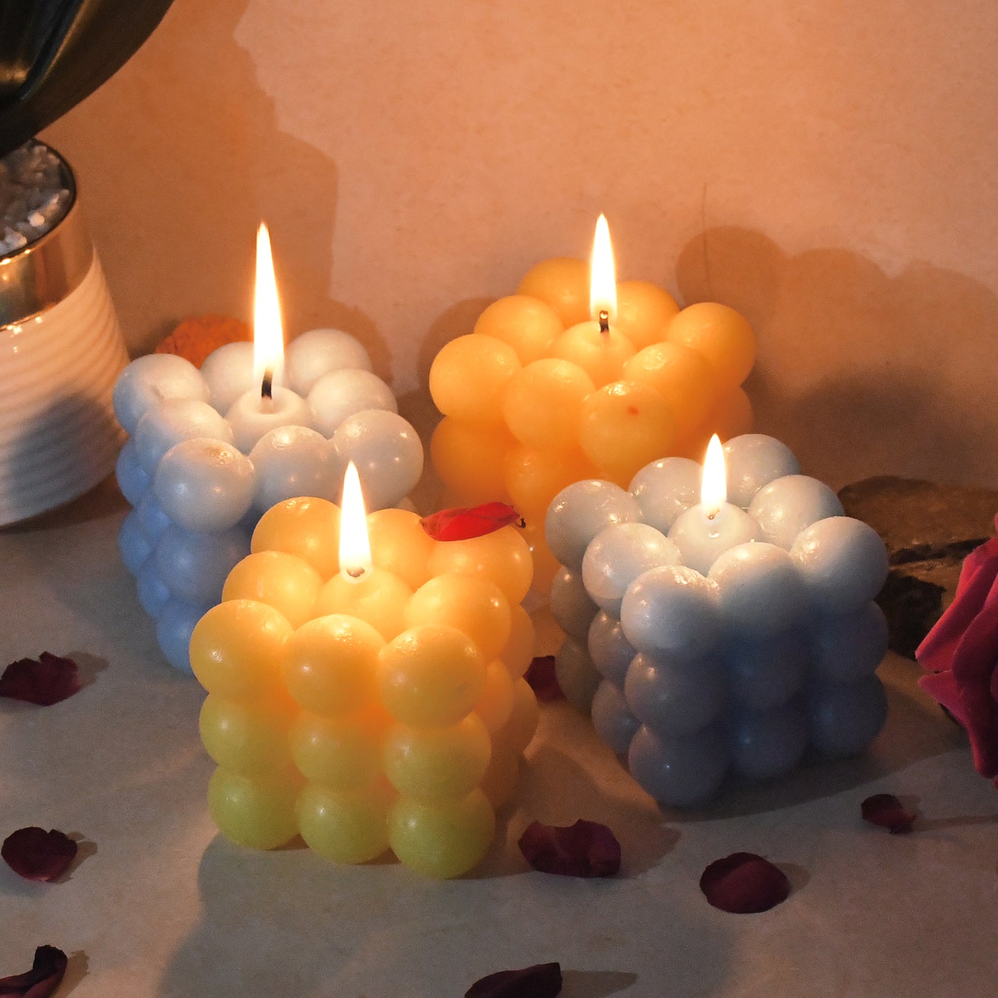 Set of 4 Colorful Cube Wax Candles - Blue & Yellow Decorative Accent - Happy Price - Image 5