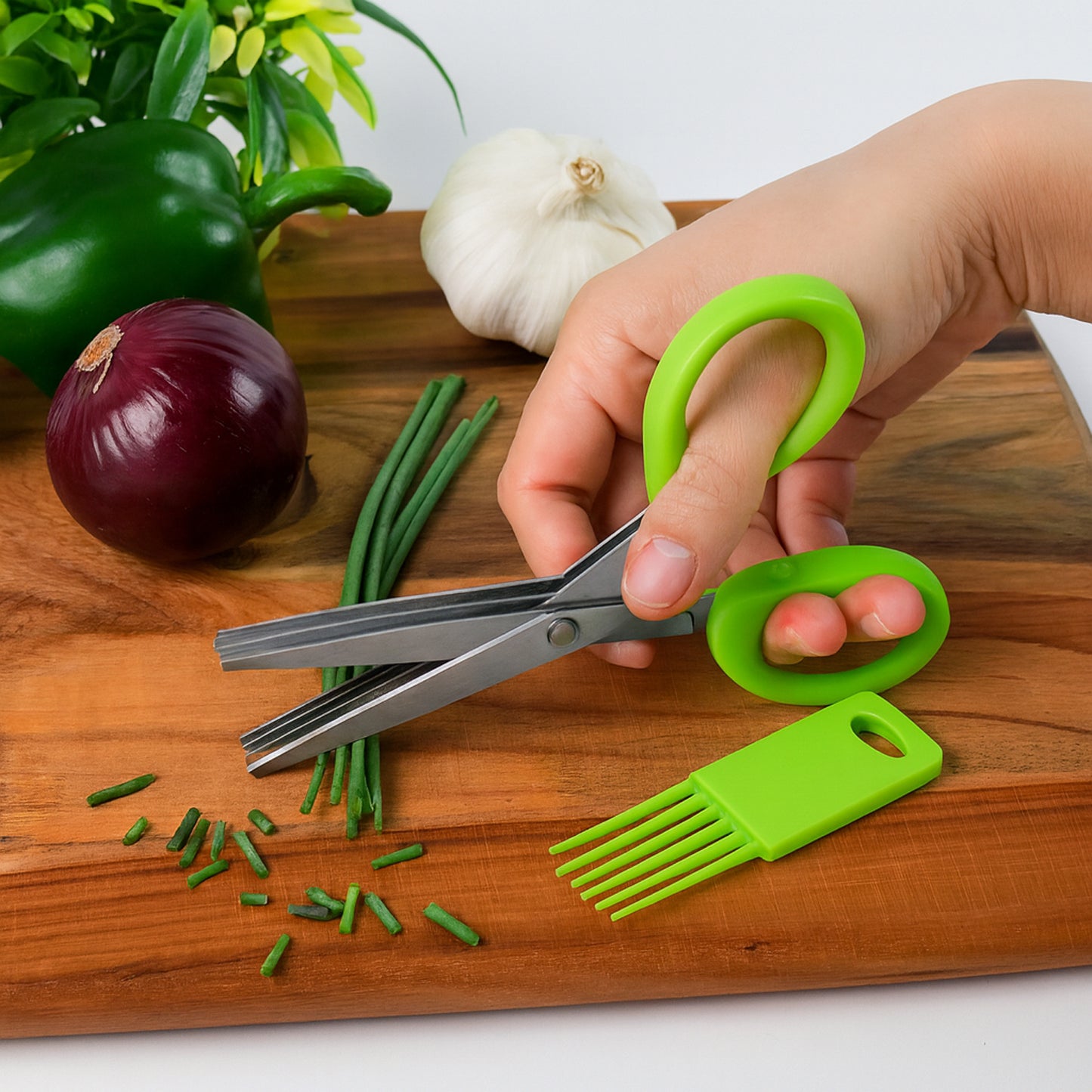 3-Blade Kitchen Herb Scissors with Cleaning Comb - Stainless Steel Cutter for Vegetables & Garnishes (1 Pc) - Happy Price - Image 5