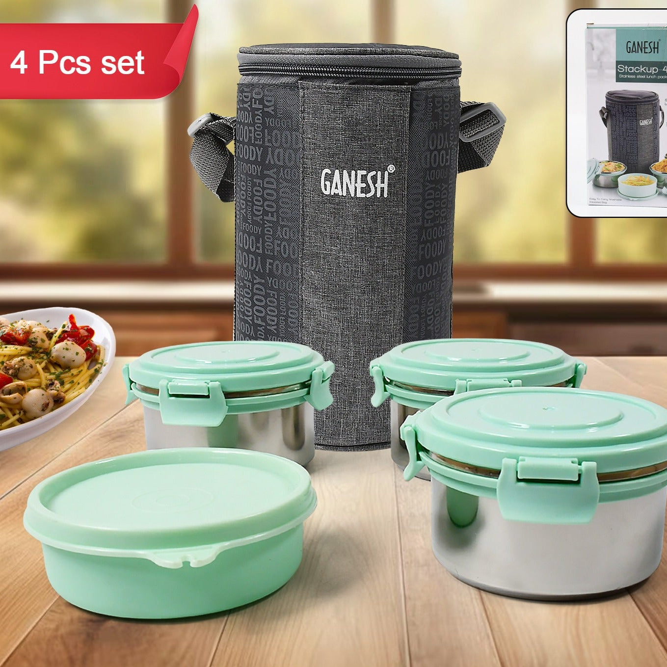 4in1tiffin Box-lunch Box 3 Stainless Steel Containers 300 Ml Approx Plastic Salad Container 200 Ml Approx Plastic Lid Box Round Zip Bag Leak Proof Microwave Safefor Office College And School For Men Women - Happy Price - Image 1