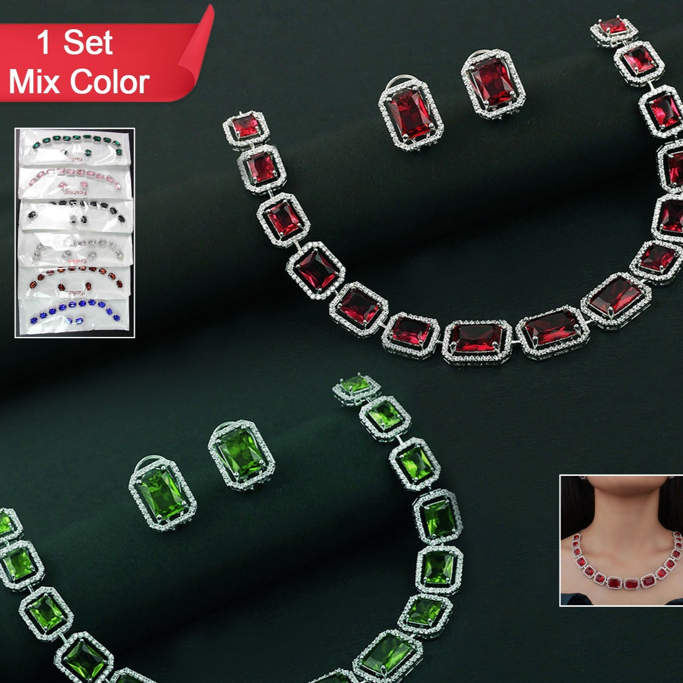 Diamond Necklace And Earrings Set (1 Set Mix Color) - Happy Price - Image 1