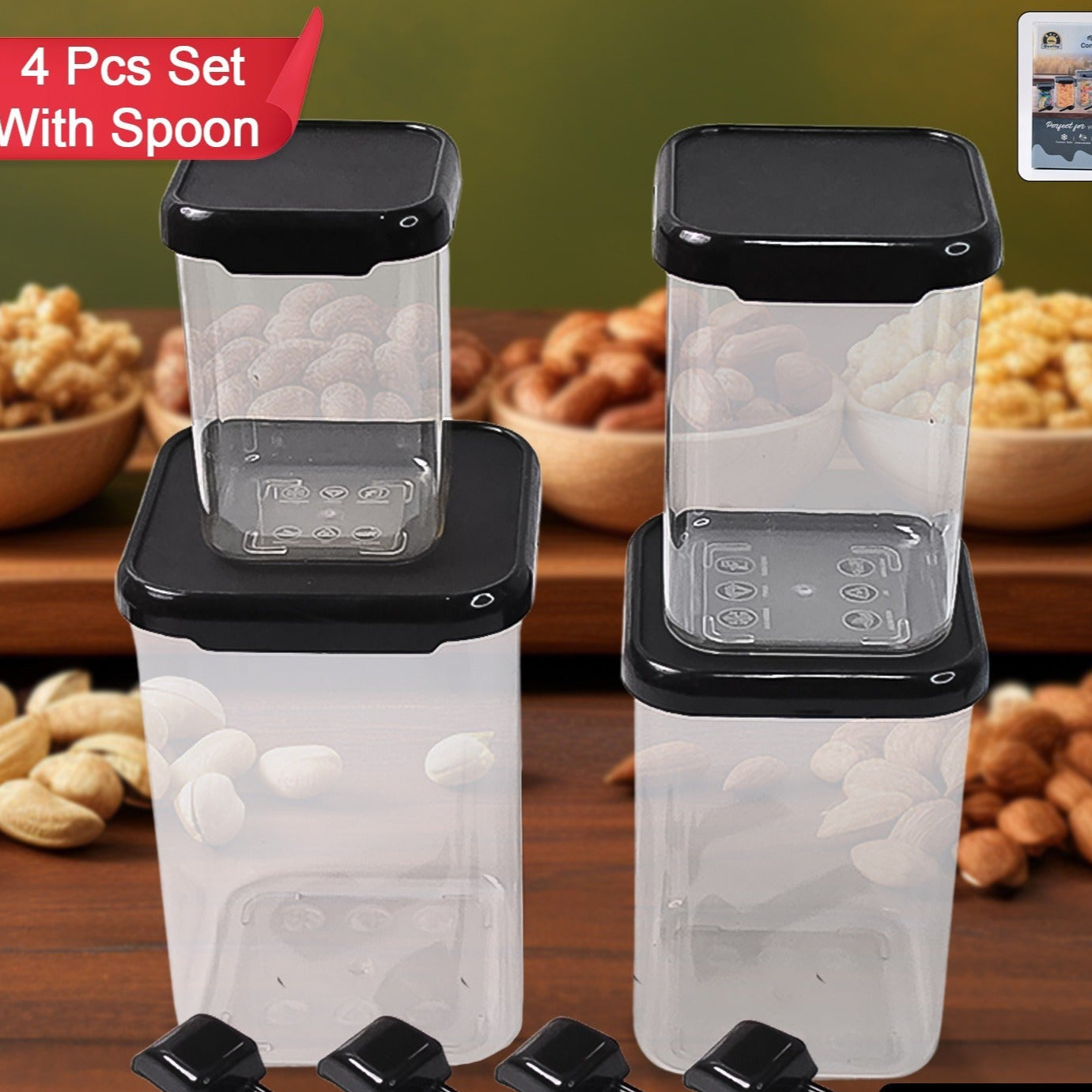 Plastic Air Tight Containers Storage (4 Pc Set With 4 Spoon) - Happy Price - Image 1