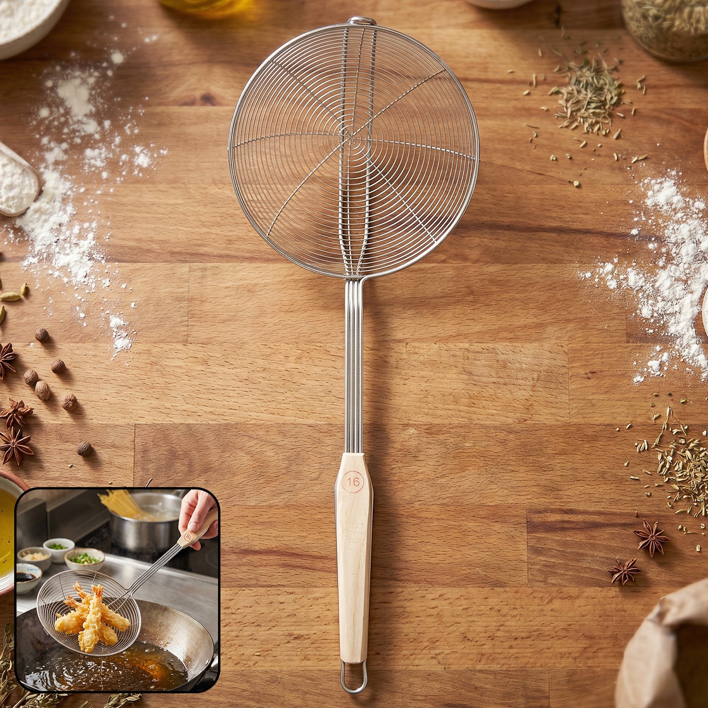 Stainless Steel Frying Skimmer with Wooden Handle - 45cm Length, 1 Pc - Great Price - Image 2