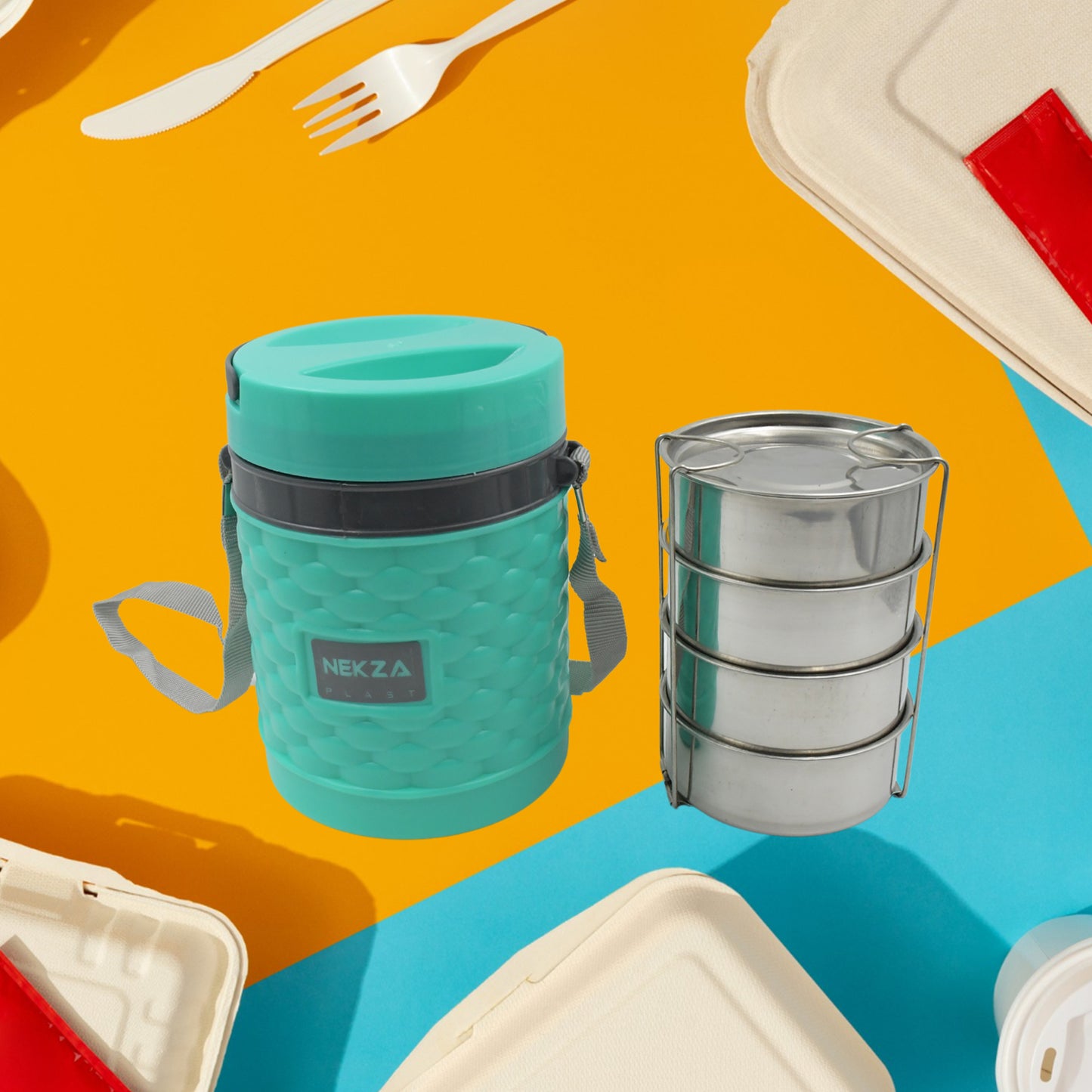 Double Wall Insulated Stainless Steel Tiffin 4 Compartment Lunch Box With Handle Stackable Stainless Steel Lunch Box Bpa Free Leakproofdabba For Office Home Shool Hot Outer Plastic Tiffin Box Set (1 Pc 4 Compartment) - Happy Price - Image 2