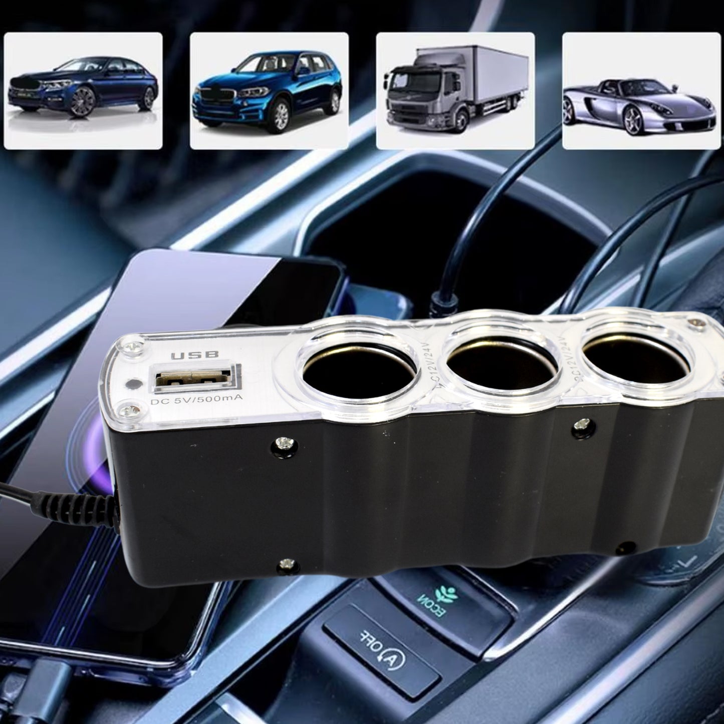 Triple 3 Way Car 12v Lighter Socket Splitter Usb Charger Power Adapter - Happy Price - Image 4