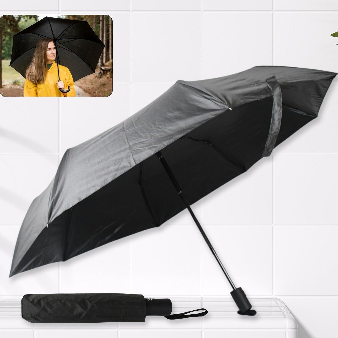 2 Fold Compact Umbrella - Windproof, Sunproof & Rainproof with Steel Shaft and Wrist Strap - Happy Price - Image 1