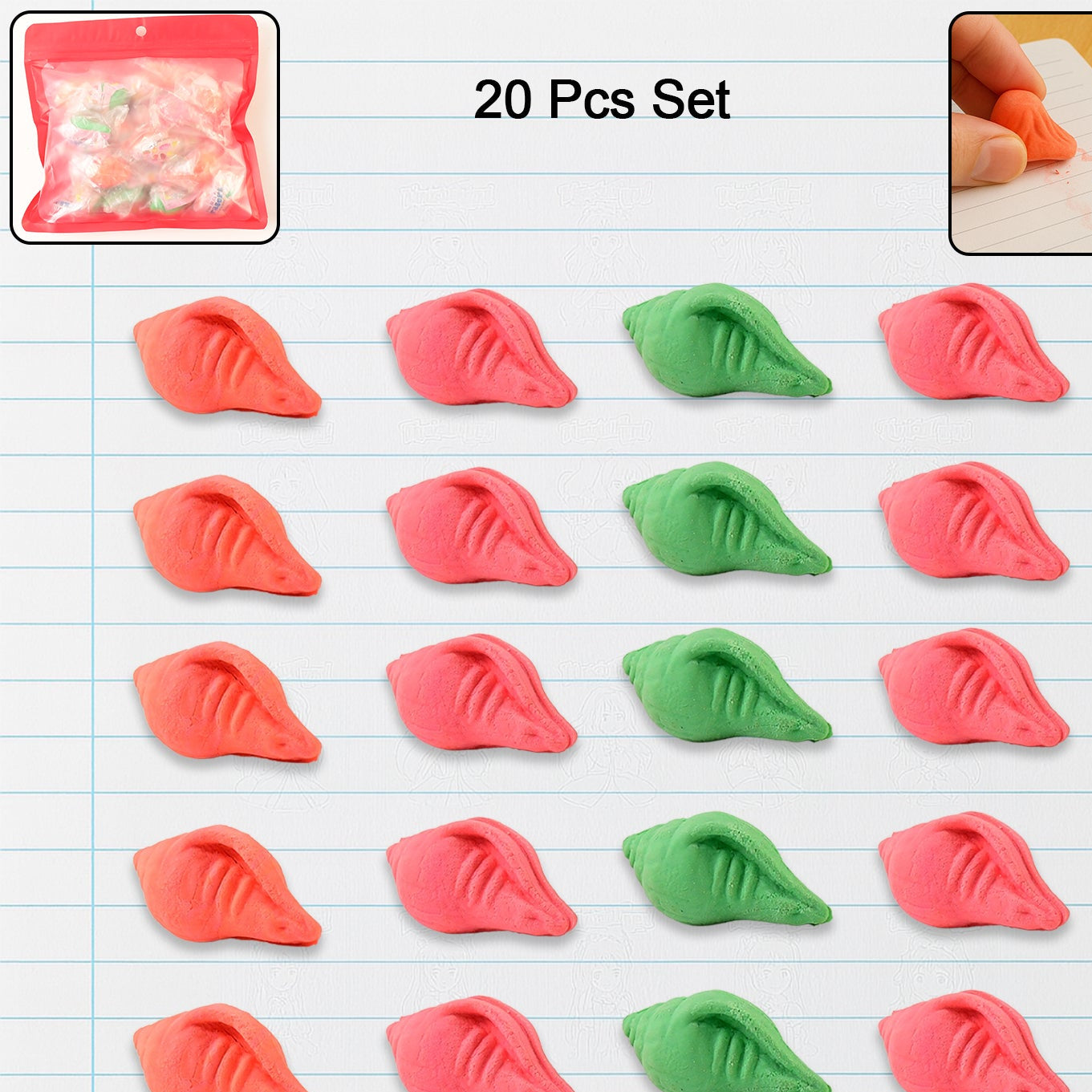Shankh Shape Eraser Rubber (20 Pc Mix Colour Design) - Happy Price - Image 1
