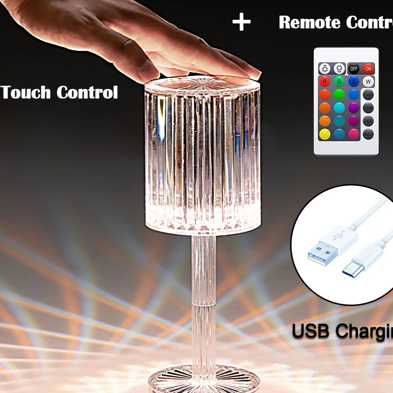 Crystal Table Lamp Touch Control Atmosphere Nightstand Lamp With Usb Charging Line - Happy Price - Image 1