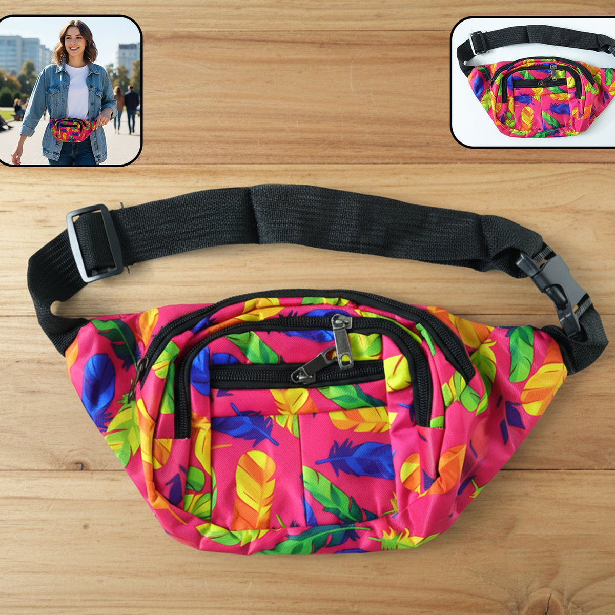 Printed Waist Bag with Adjustable Strap & Multiple Pockets (1 Pc) - Happy Price - Image 1