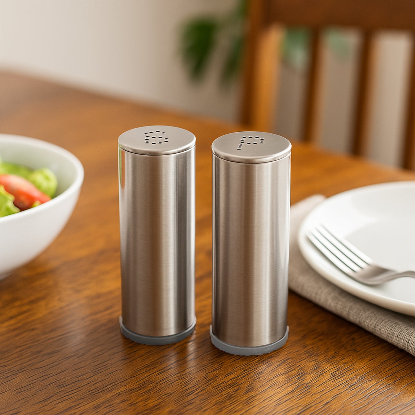 Stainless Steel Salt & Pepper Shakers Set - 2 Piece Cylindrical Spice Dispensers - Happy Price - Image 4