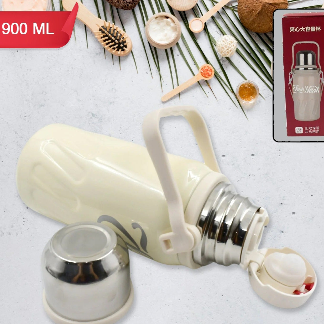 Stainless Steel Vacuum Insulated Water Bottle Leak Proof Flask For Tea Coffee Reusable Water Bottle With Hanging Strap Bottle For Hot Cold Drinks Wide Mouth Water Flask (900 Ml) - Happy Price - Image 1