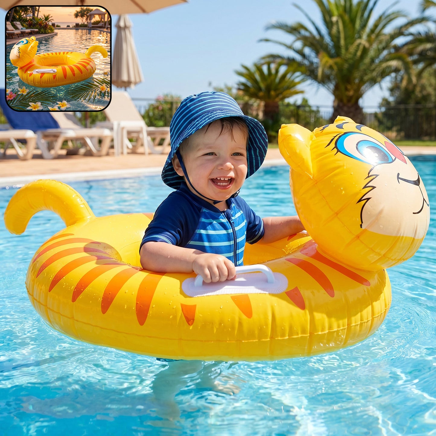 Kids Inflatable Tiger Swim Ring Pool Float With Handle Grip 1 Pc