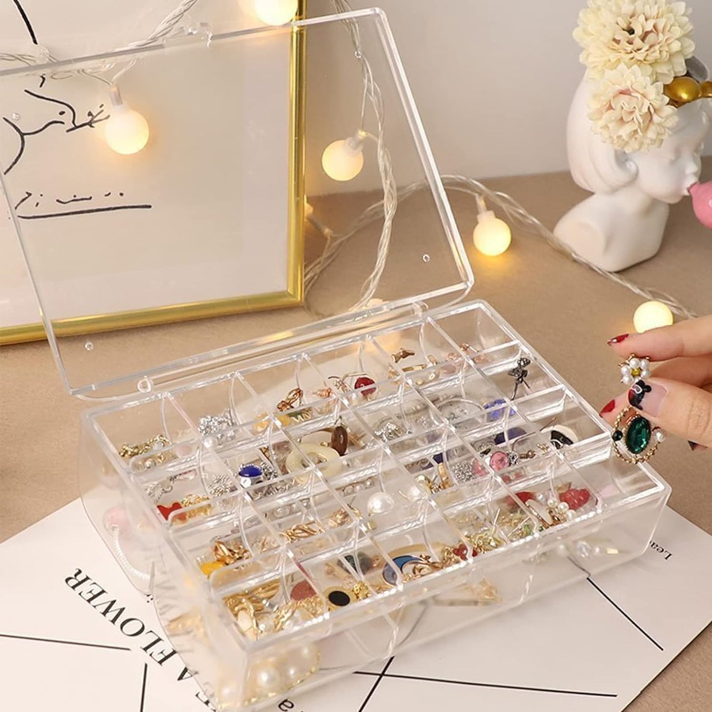 2 Layer Acrylic Jewelry Storage Box Dustproof Earring Box Storage Box Portable Nail Art Storage Case 24-grid Small And 6-grid Big Case Makeup Vanity Box (1 Pc 30 Compartment) - Happy Price - Image 7