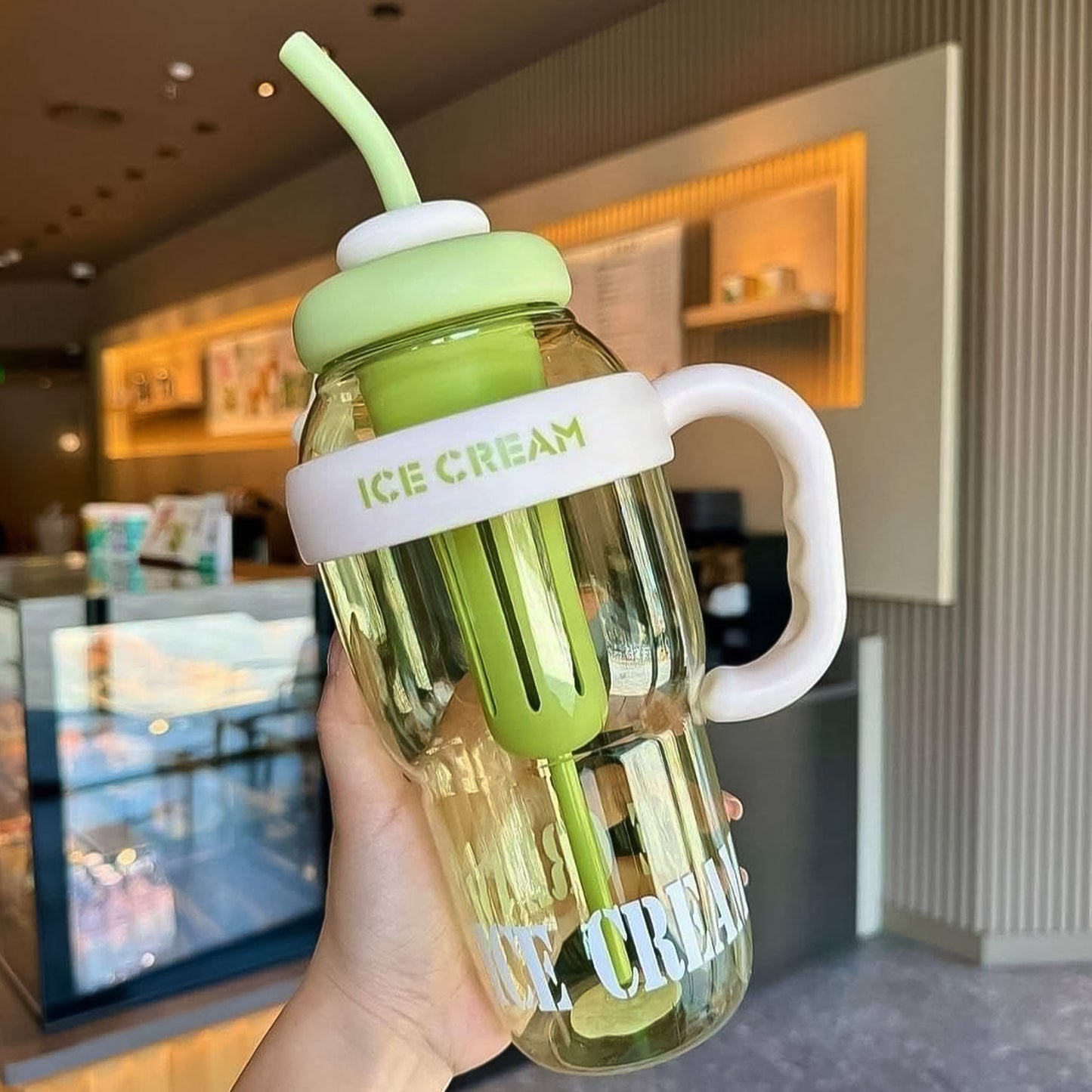 Approx 1300ml Large Capacity Cute Ice Cream Themed Water Bottle With Handle Straw Fruit Infuser Leakproof Sipper For Kids Adults - Happy Price - Image 3