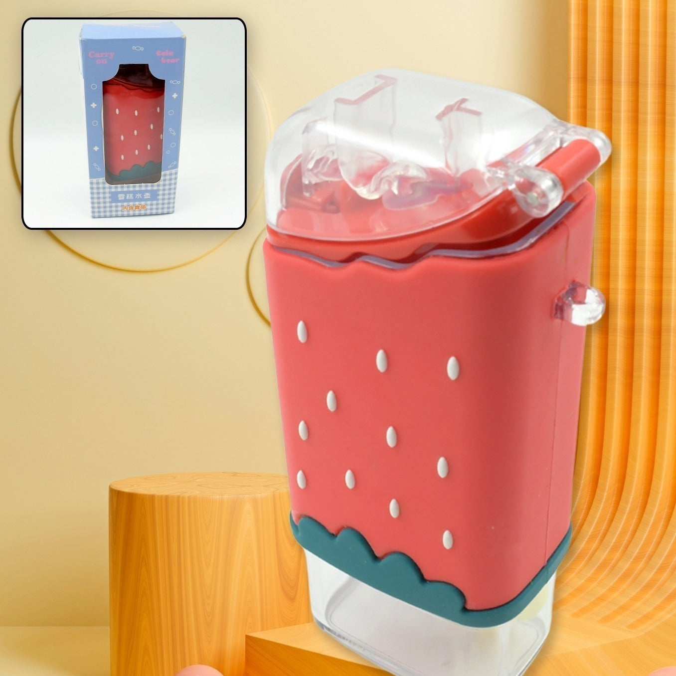 Portable Cute Water Bottle For Kids Unique Ice Cream Shape Water Cup Popsicle Shaped Plastic Kettle With Straw Adjustable Shoulder Strap Bpa Free Leakproof (300 Ml) - Happy Price - Image 1